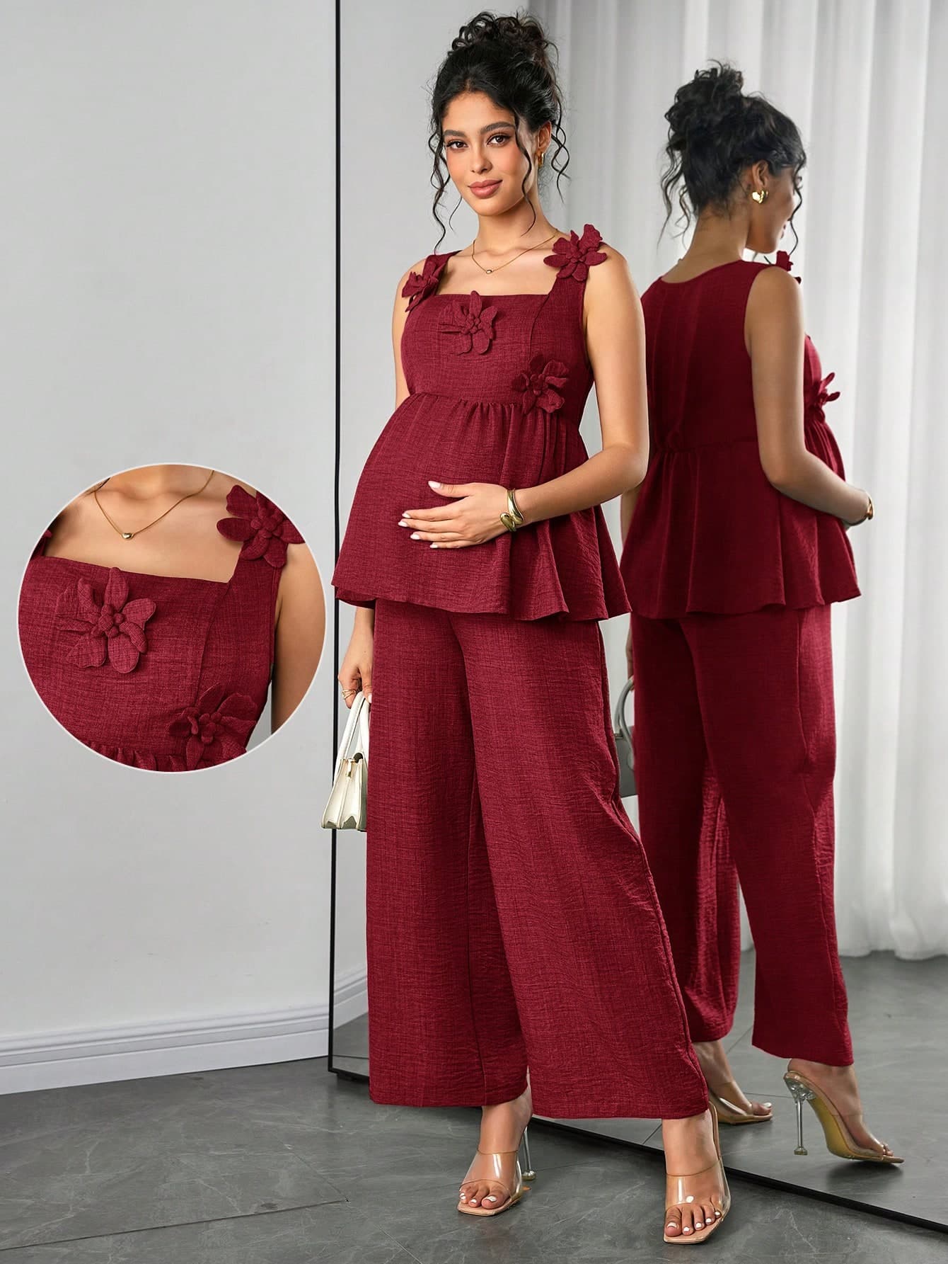 Momance 2pcs Maternity Set Sleeveless Square Neck A-Line 3D Floral Tank Top & Waist Gathered Straight Leg Pants Casual