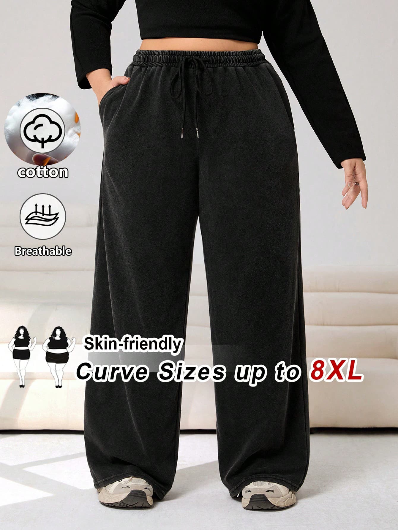 SHEIN CURVE+ Plus-Size Black Casual Drawstring Waist Loose Sweatpants, Autumn Sweatpants Fall
