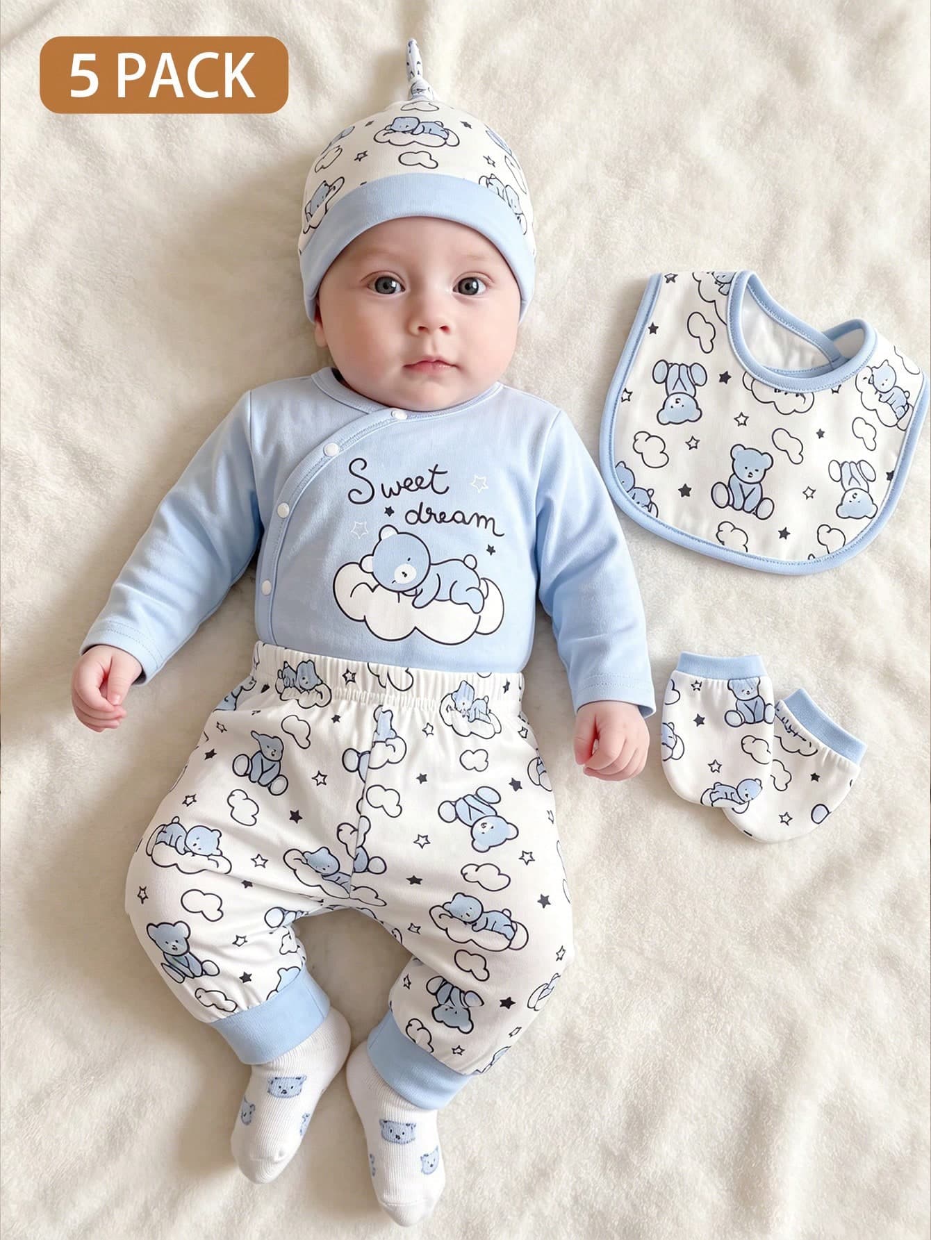 SHEIN Newborn Baby Boy 5-Piece Set, Cute Bear Print, Long-Sleeve Crew Neck Top + Trousers + Mittens + Bib + Hat, Spring And Summer Style, Breathable Knit Fabric, Perfect For Outdoor Photoshoots