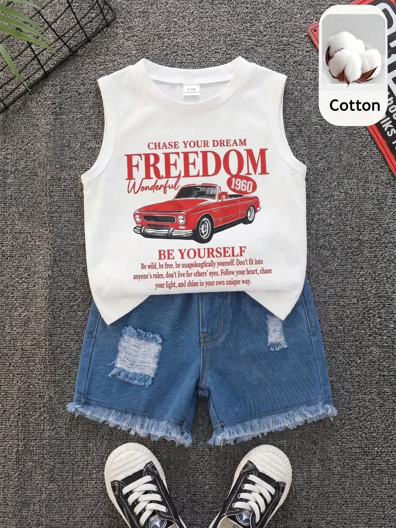 SHEIN 2pcs/Set Baby Boy Summer Casual Street Style Car Print Tank Top & Denim Shorts Outfit