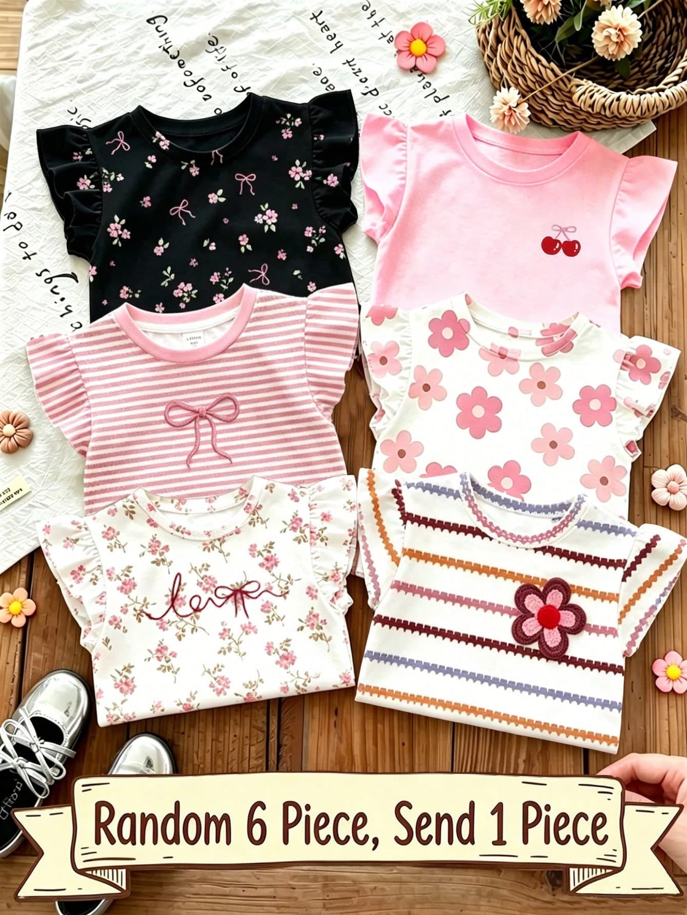 Souflis Souflis 6pcs Randomly Sent 1pc; Light Color 1pc Pack, Bohemian Floral, Gentle Purple Stripe, 3D Bow Pattern, Baby Girl Casual Minimalist Versatile Round Neck Flutter Sleeve T-Shirt 1pc Pack Suitable For Spring/Summer Daily Wear, Travel, Vacation