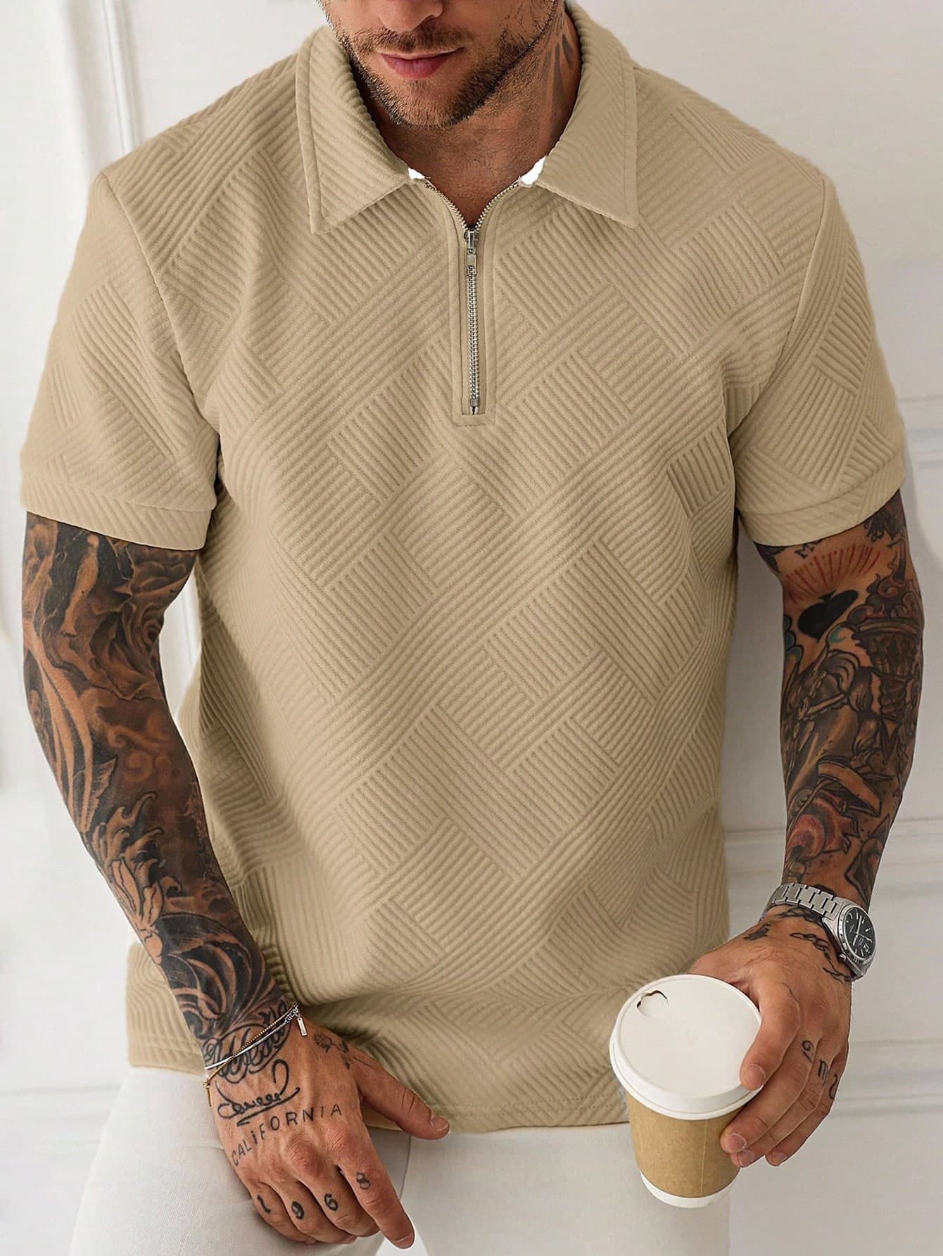 Manfinity Homme Men's Versatile Textured Zipper Half-Placket Short Sleeve Polo Shirt