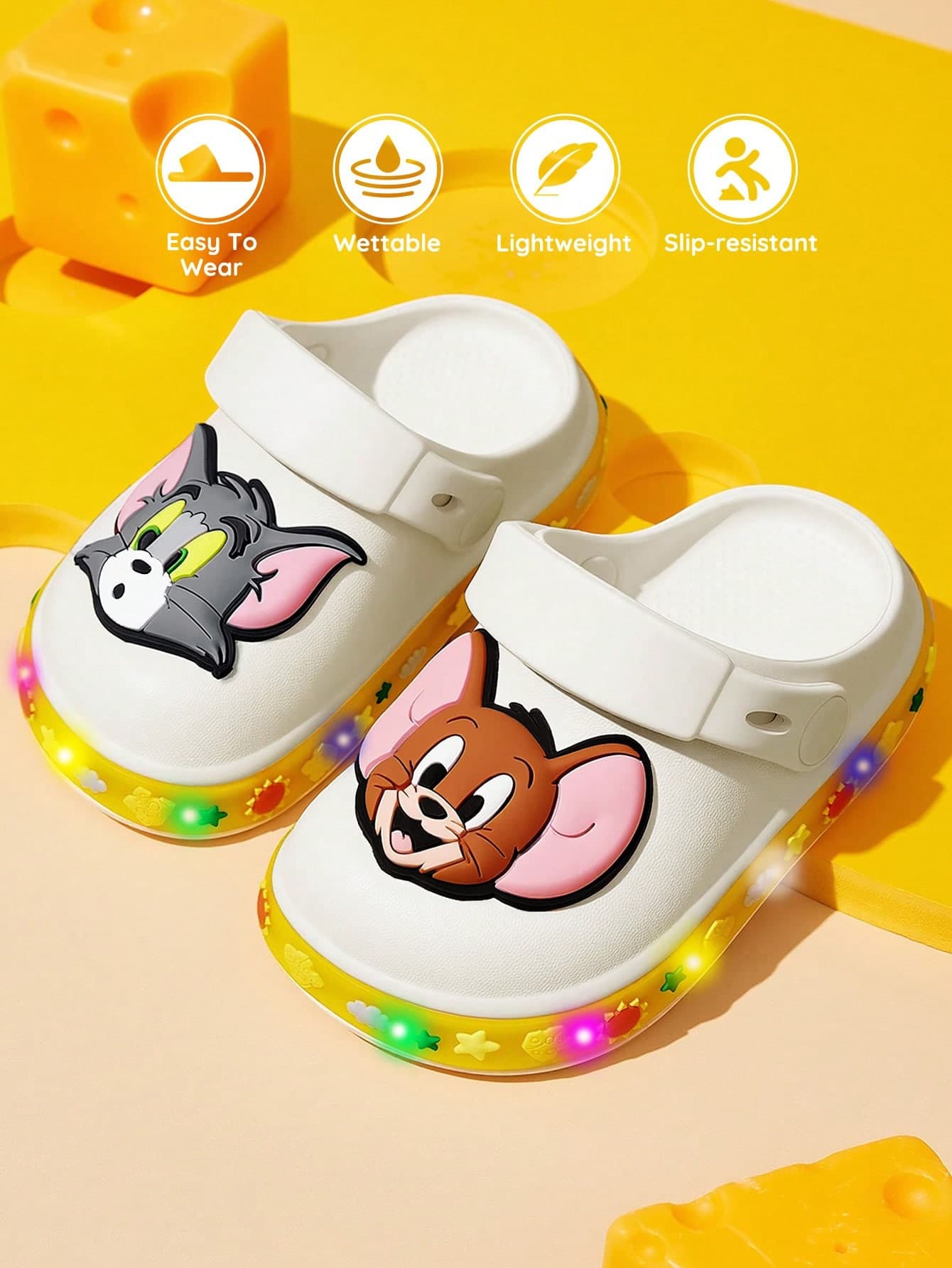 TOM & JERRY X SHEIN Cartoon Cat Children's Sandals, LED Luminous Clogs Shoes, Lightweight And Durable EVA Material, Summer Beach Slippers Suitable For Young Children