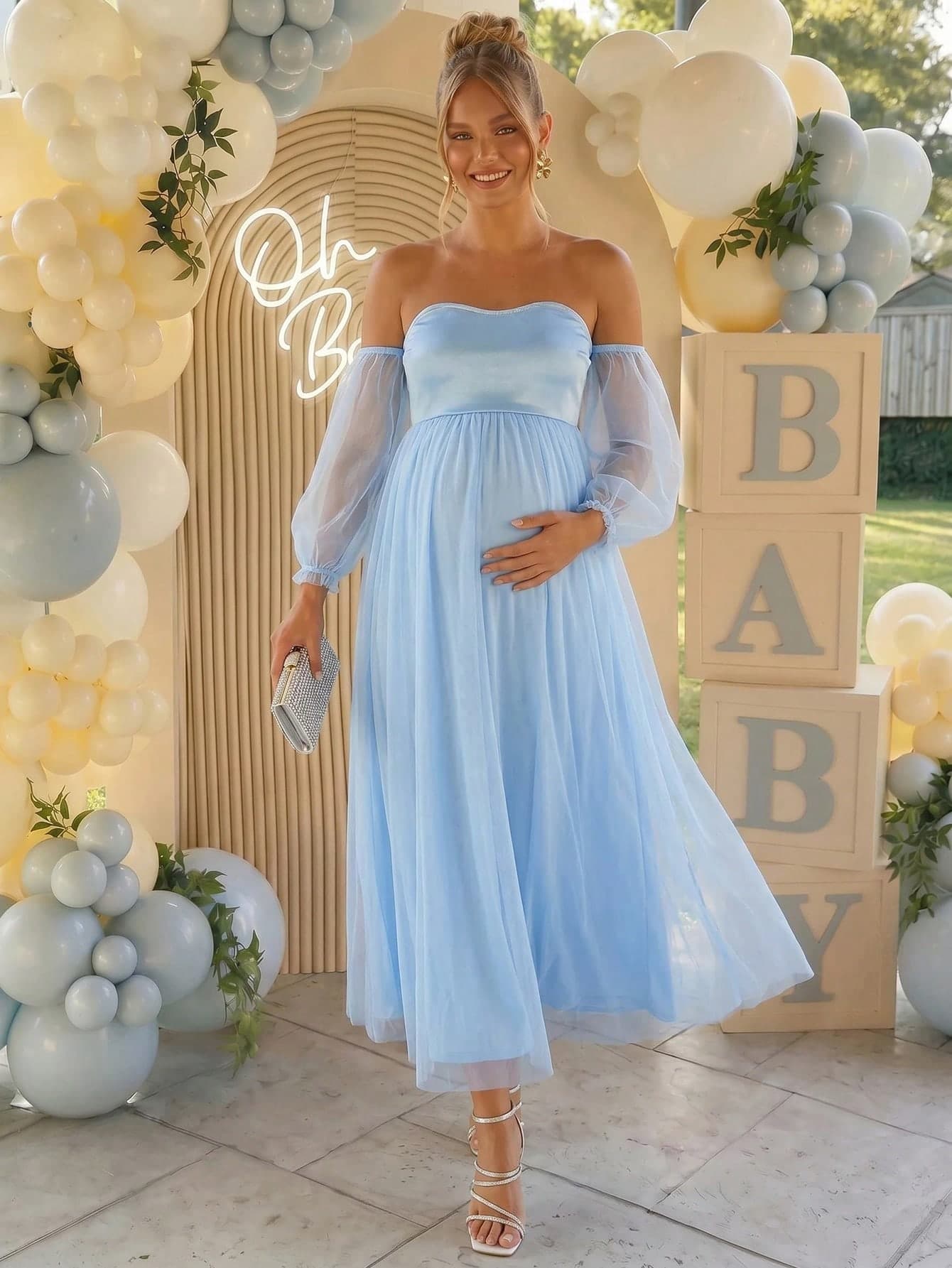 Loomaby Maternity Fashion French Off-Shoulder Dress For Party Photoshoot And Evening Event,Gender Reveal Dress,Baby Shower Dress,Wedding,Birthday Autumn Fall