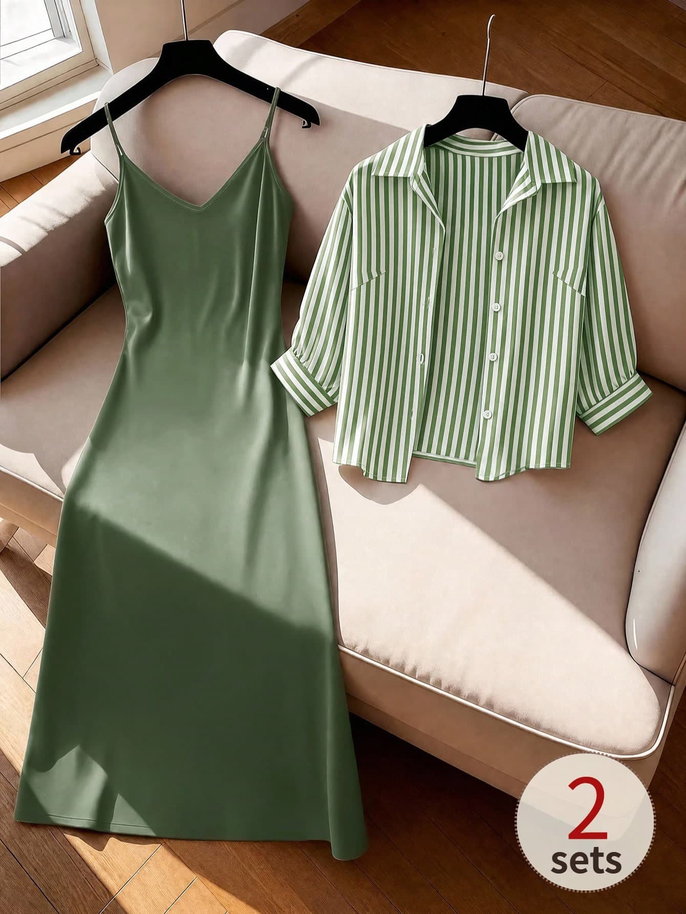 GlowEve CURVE Spring/Summer New Striped Casual Collared Shirt + V-Neck Camisole Dress Set, Versatile Waist Cinched Mid-Length Dress, Plus Size