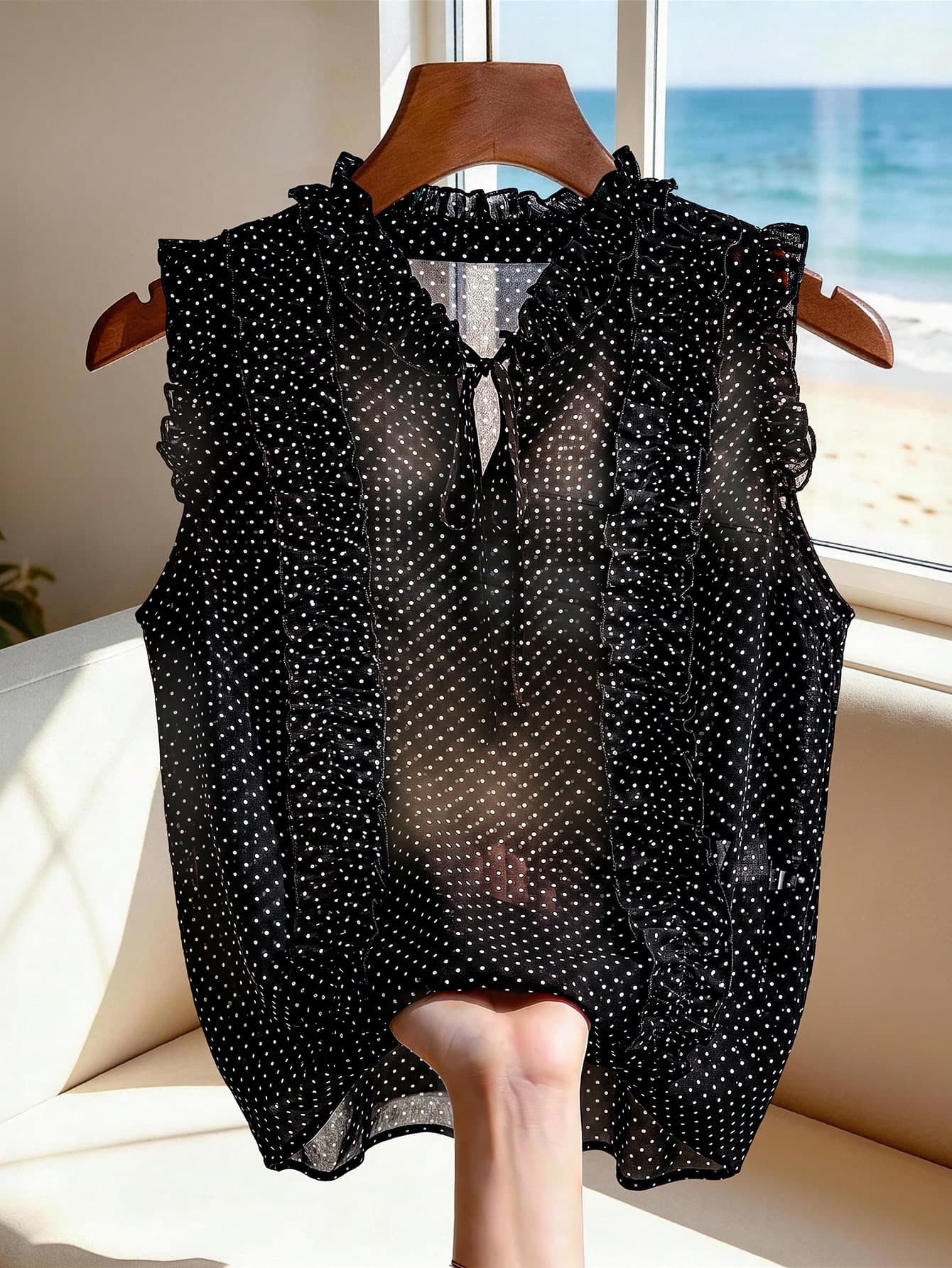 SHEIN Franclia Women's Lazy Style Black Polka Dot Ruffle Trim Chiffon Blouse, Summer Skin-Friendly French Elegant Sheer Tank Top