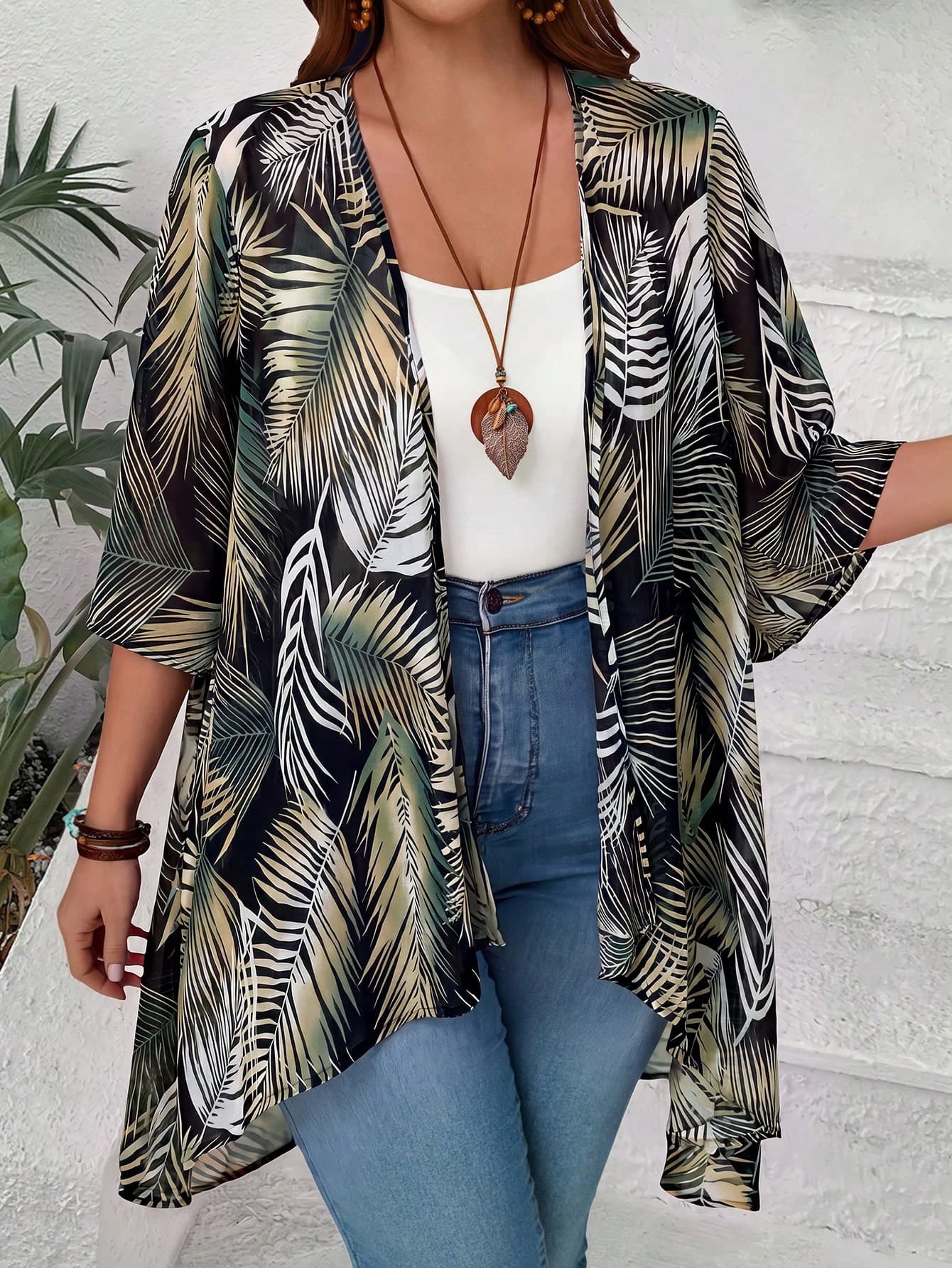 EMERY ROSE Plus Size Leaf Print Casual Versatile Daily Wear Cardigan