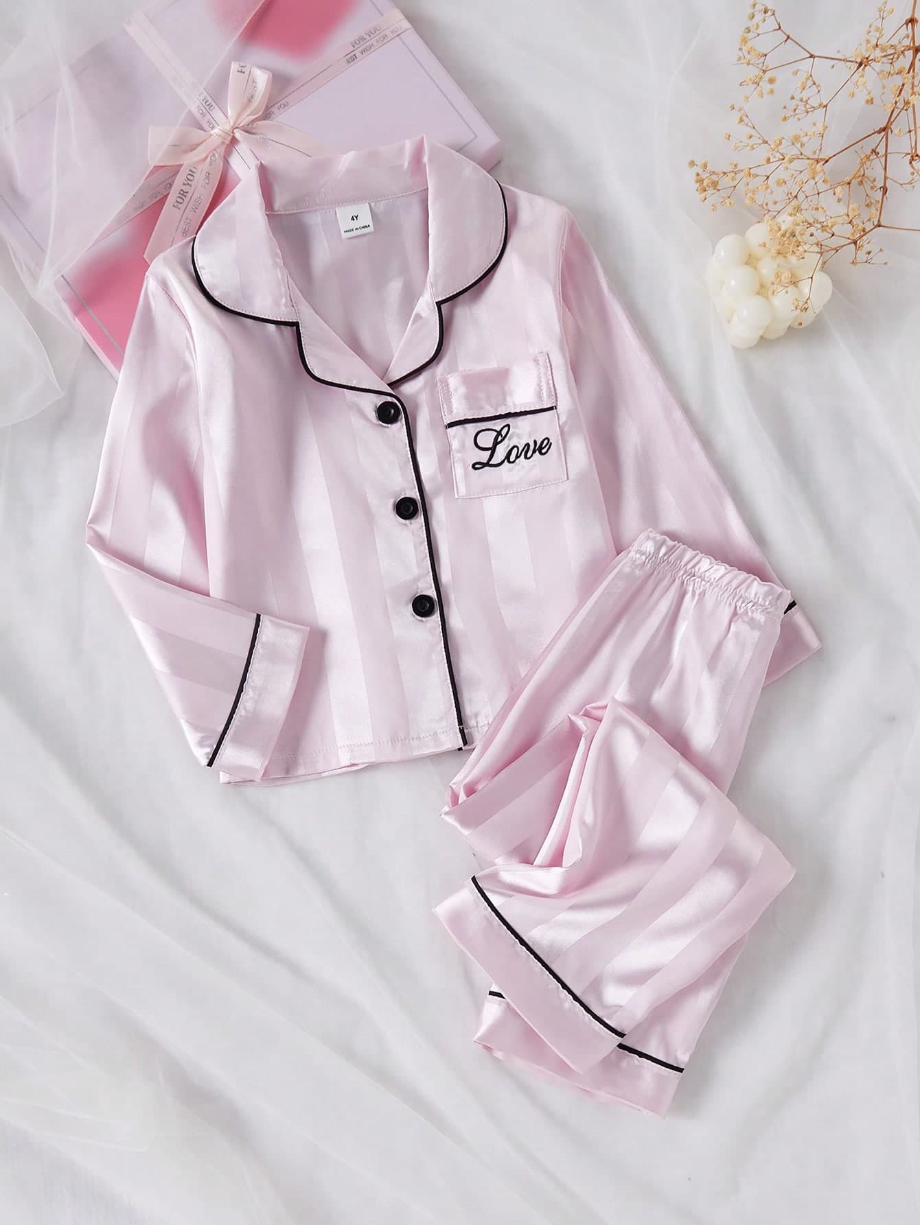 4-Season Young Girl Simple Fashion Pink Striped Long Sleeve Cardigan With Pocket And Simple Letter Word "Love" Print, 2-Piece Set With Long Pants Loungewear