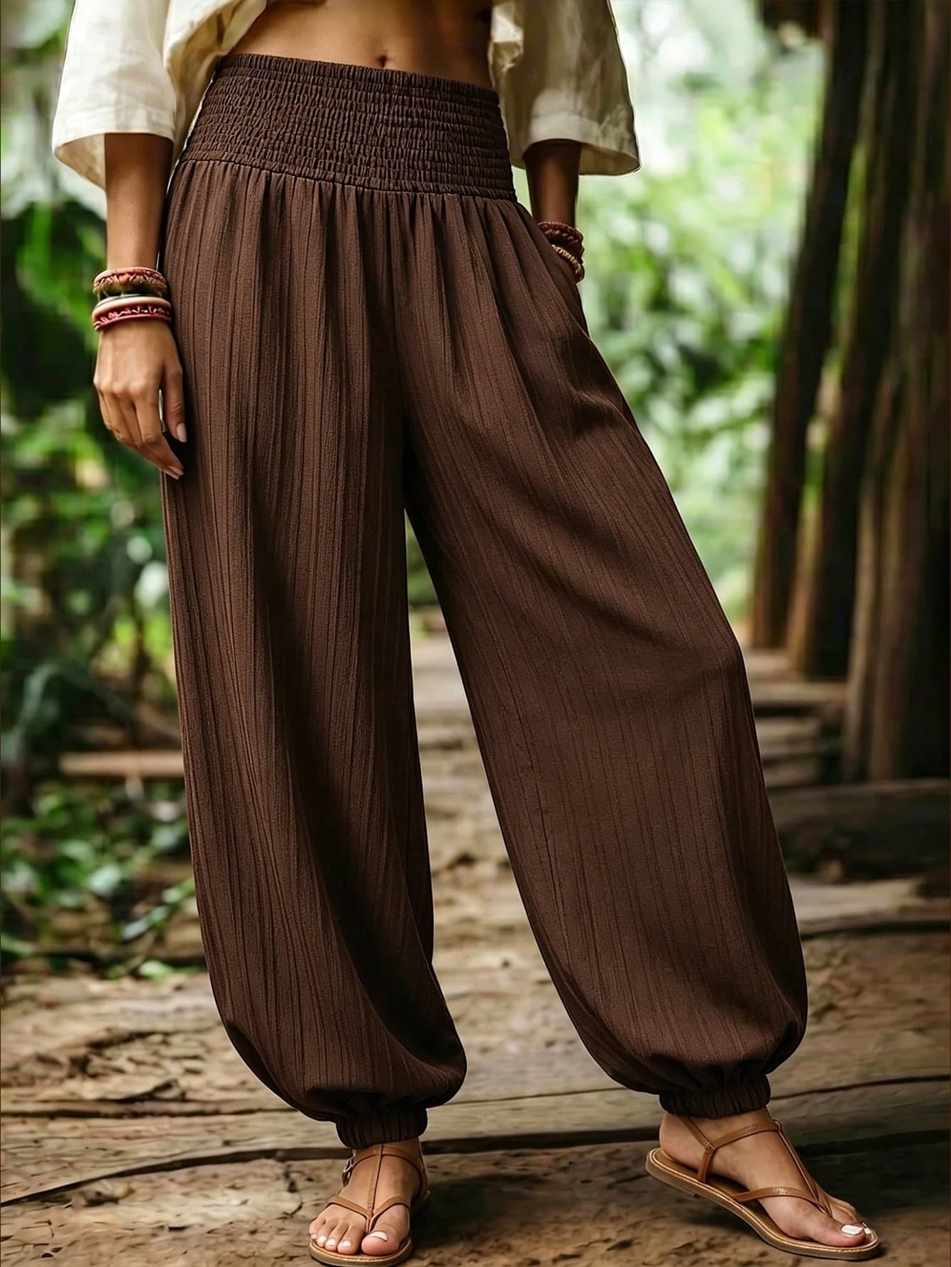 Louniche Women's Spring/Autumn Casual Vacation Waist-Cinch Loose Textured Fabric Lantern Pants, Suitable For Daily Wear And Vacation