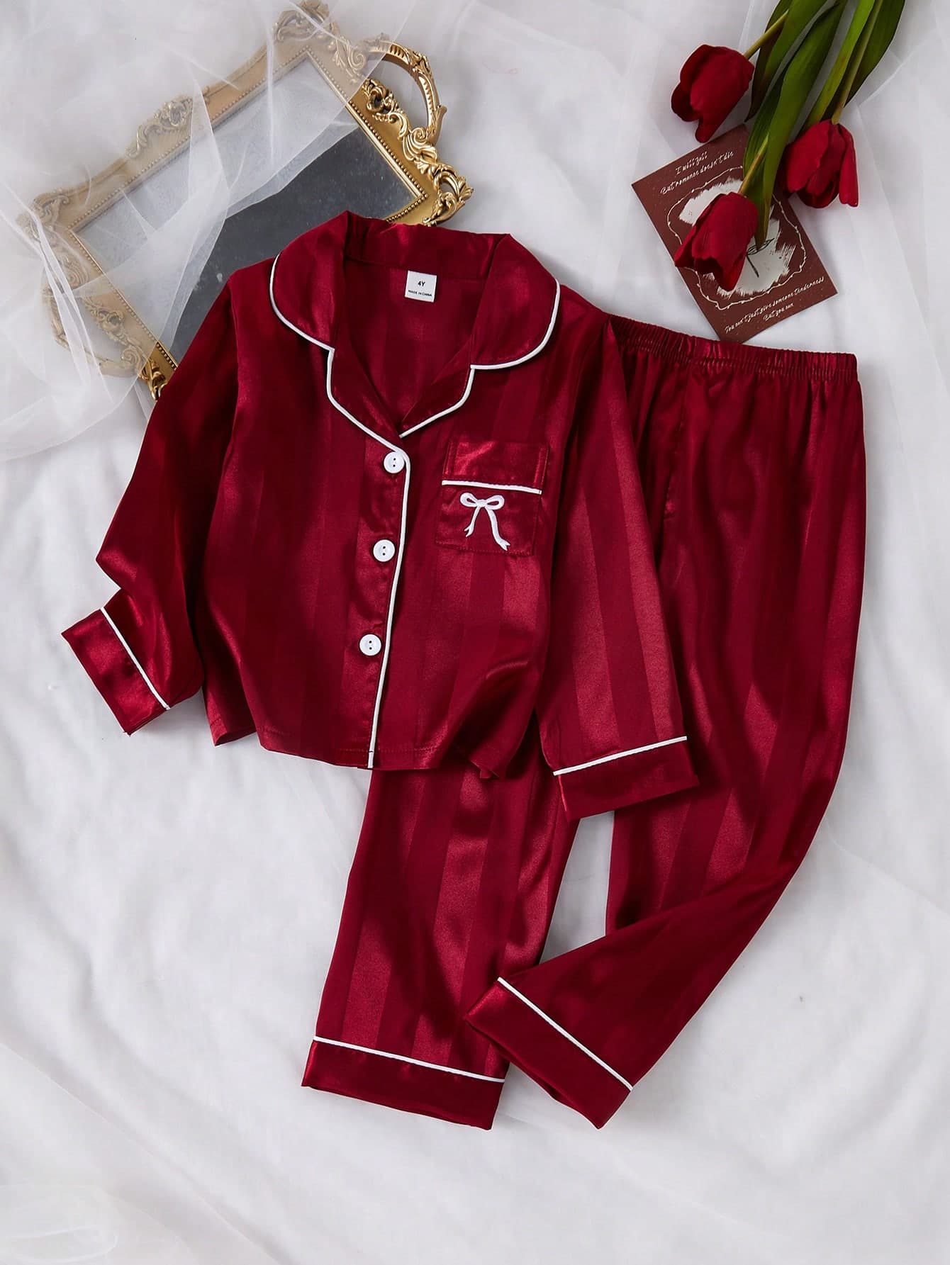 4-Season Young Girl Simple Fashionable Premium Red Pocket Bow Print Pattern Striped Long Sleeve Cardigan & Long Pants 2 Pieces Loungewear Set