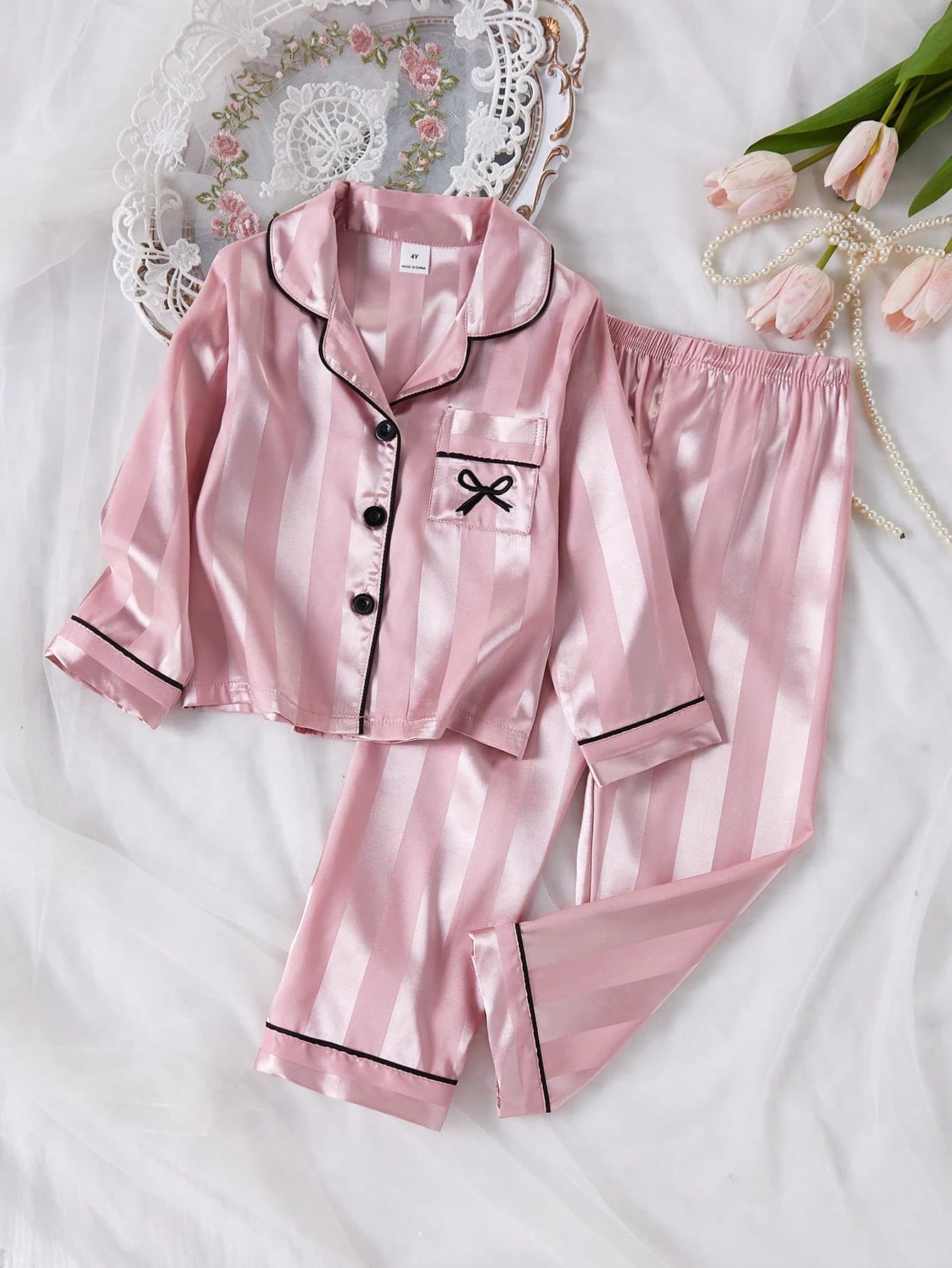 Spring Autumn All Season Women's Toddler Simple Fashion Pink Striped Long Sleeve Pocket Bow Print Pattern Cardigan And Pants 2pcs Set Loungewear