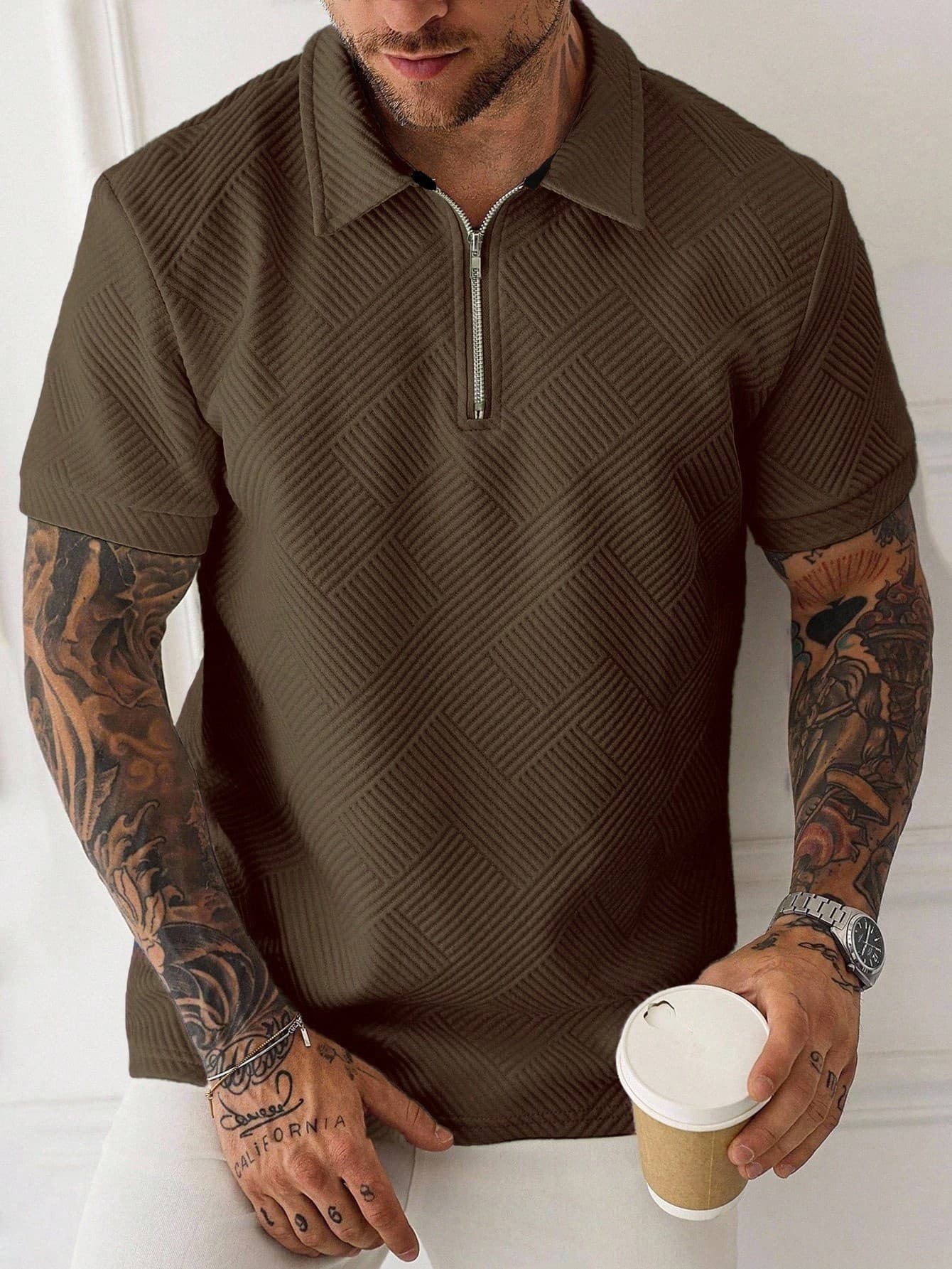 Manfinity Homme Men's Solid Color Short Sleeve Zipper Design Casual Commute Polo Shirt