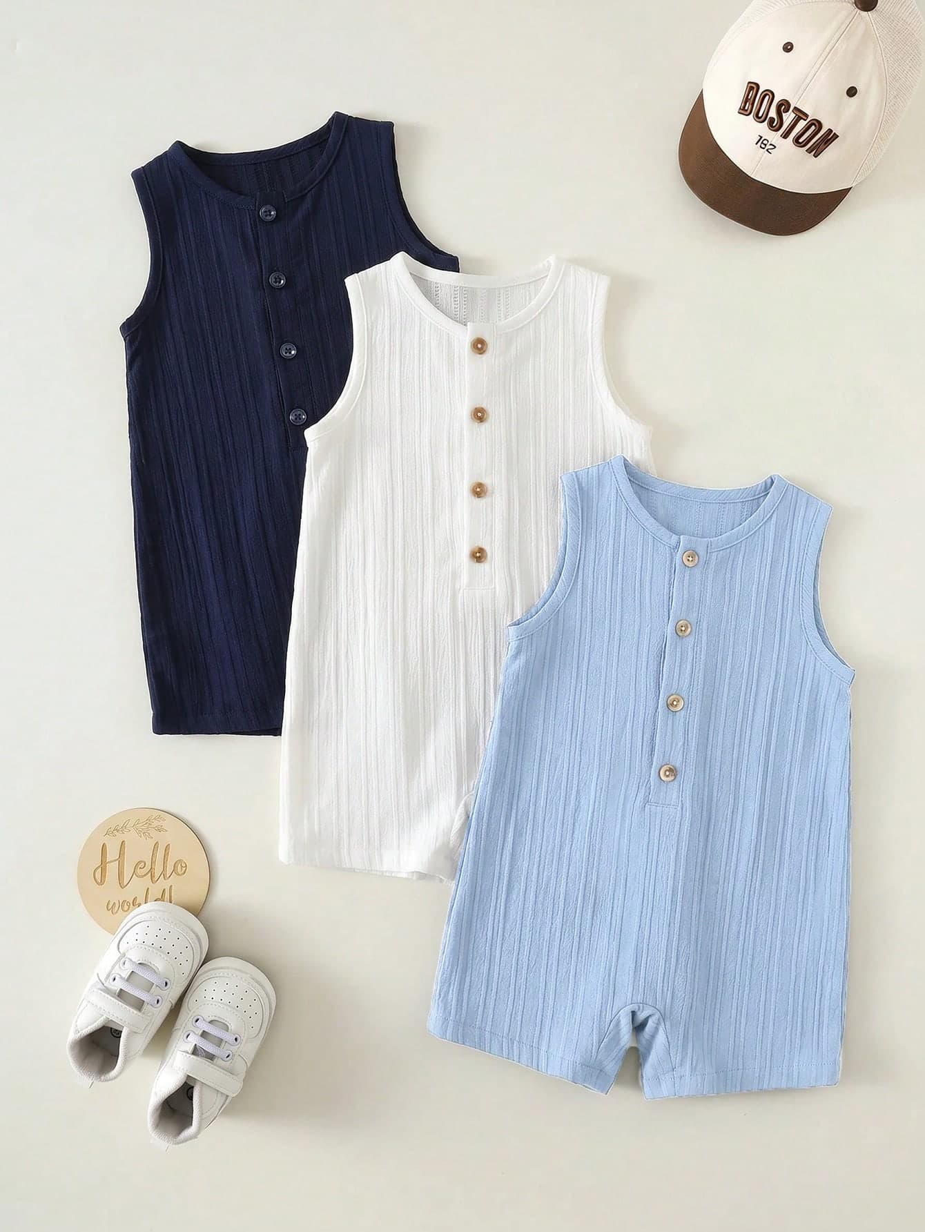 SHEIN 3pcs Newborn Baby Boy Baby Girl Unisex Baby Clothes Cute Summer Vacation Casual Striped Button Sleeveless Romper Suitable For Outings, Vacation, Overalls