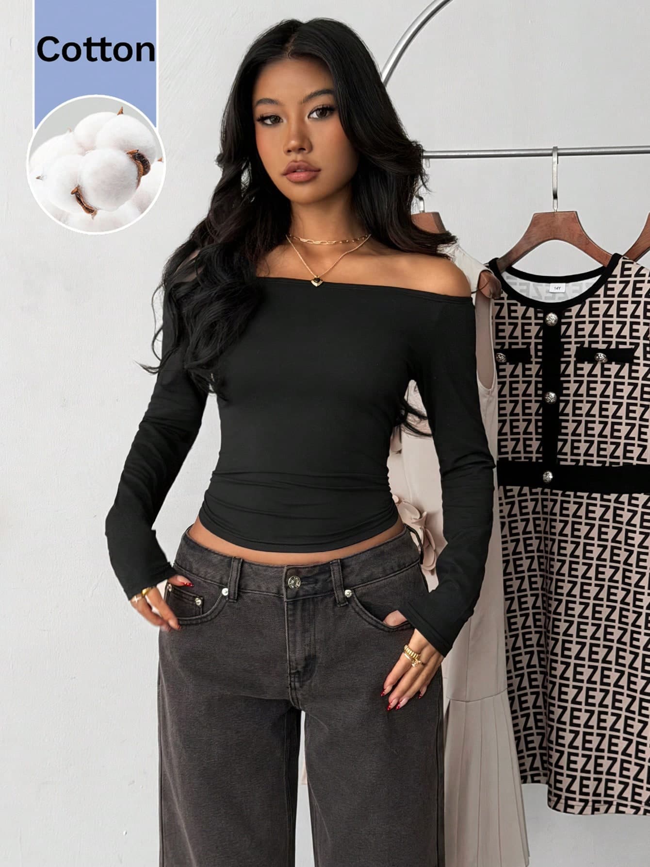 SHEIN Kids Teen Girl Teen Girls Black Knitted Off-Shoulder Casual Clean Girl Aesthetic Modest Fitted Long Sleeve T-Shirt Autumn Party
