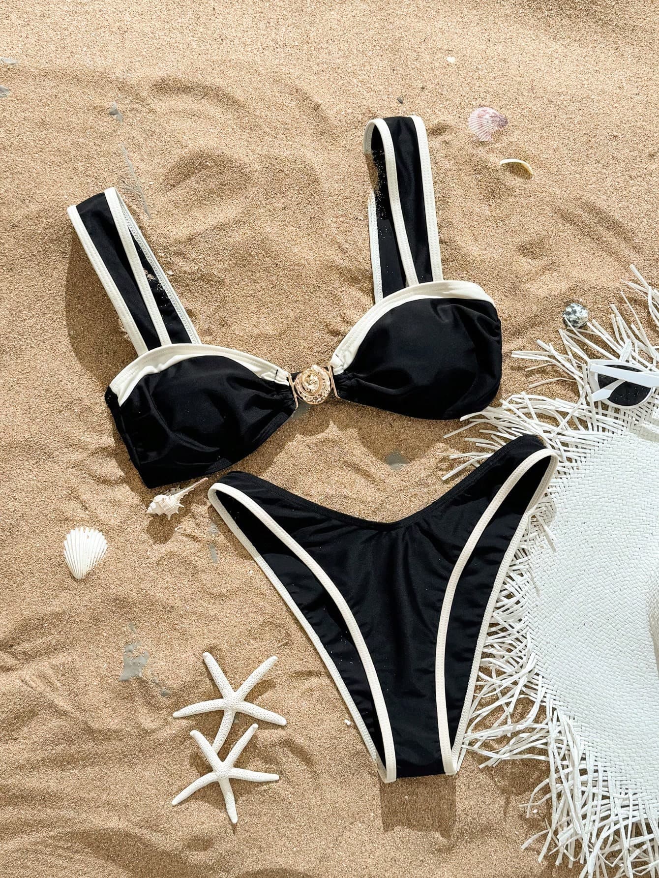 Swim SXY 2pcs Set Plain Color Summer Bestselling Fashion High-Cut Split Bikini Swimsuit & Beach Vacation Set