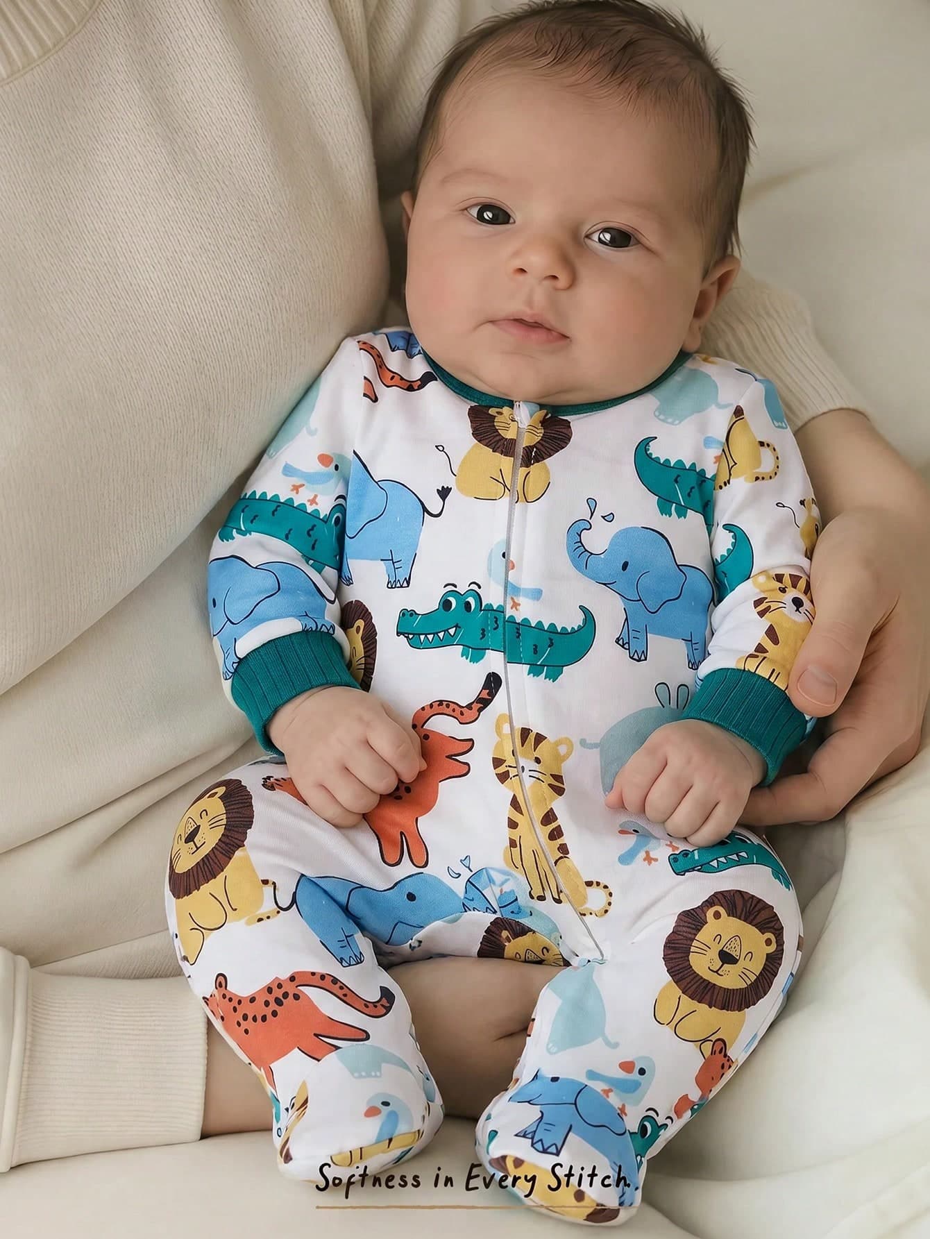SHEIN Newborn Baby Cartoon Print Zipper Long Sleeve Jumpsuit