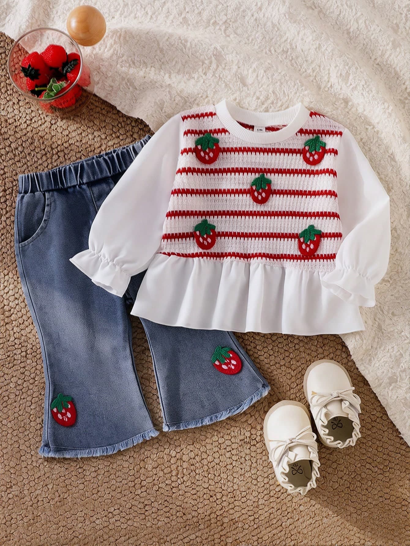 SHEIN Playful Pals Baby Girl Strawberry Patchwork Set, Red And White Stripe Blue 2 In 1 Long Sleeve Top Denim Pants, Soft Cute Fresh Family Matching Style, 2-Piece