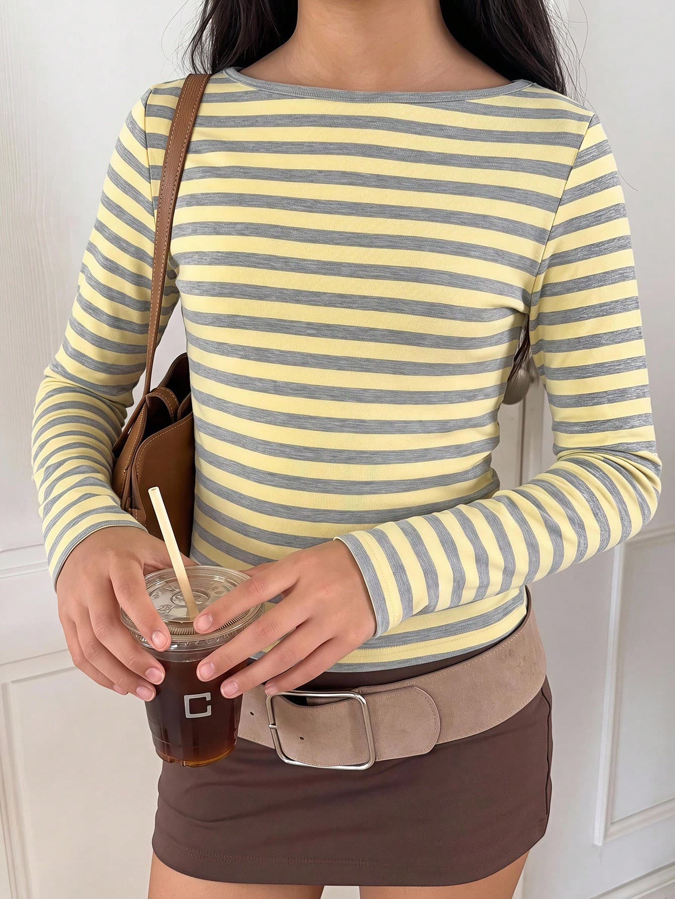 Tween Girl Tween Girl Tween Girls Knit Yellow & Grey Striped Casual Long Sleeve T-Shirt