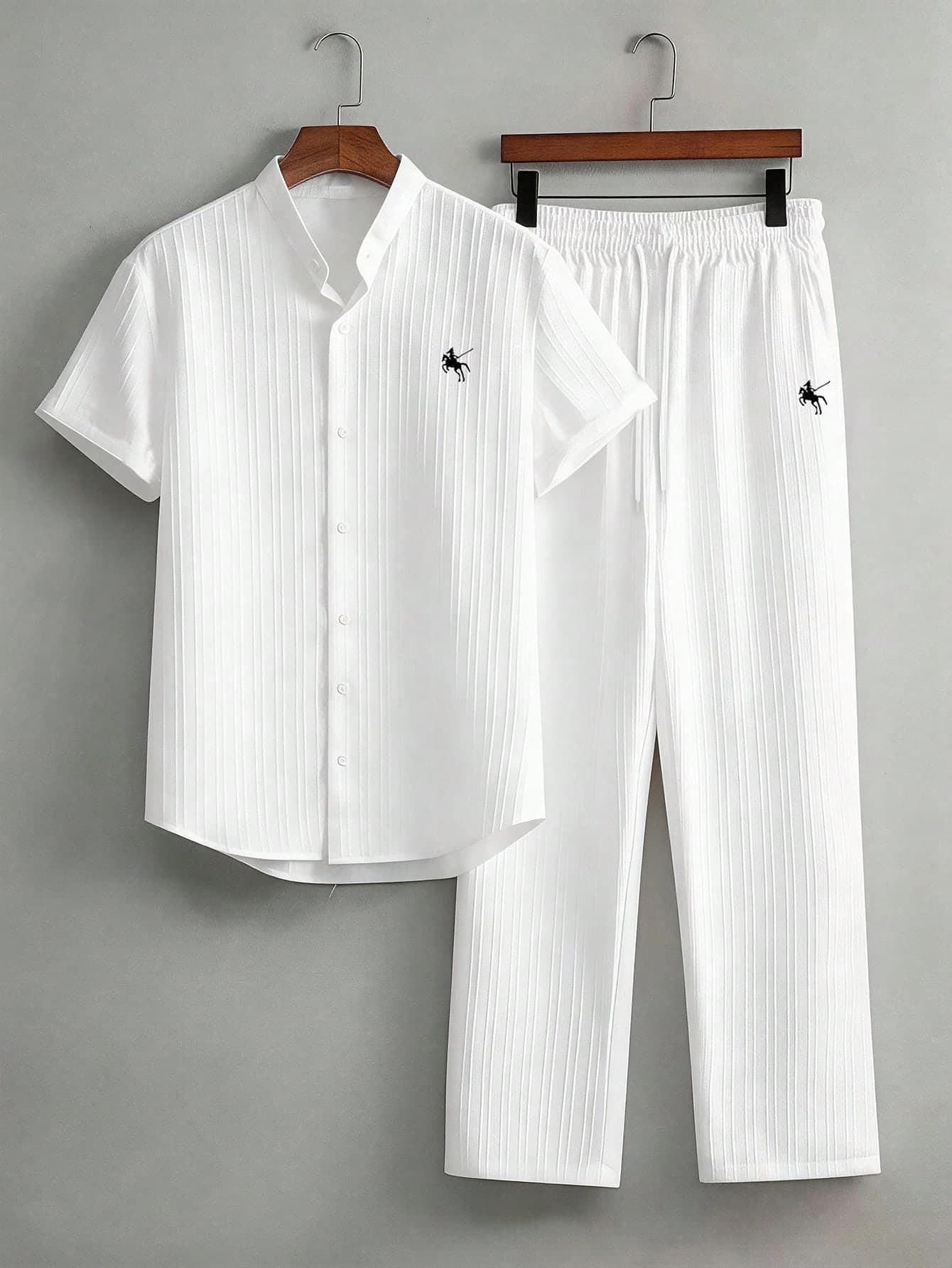 Manfinity Dauomo Men's Minimalist Printed Short Sleeve Shirt And Pants Set