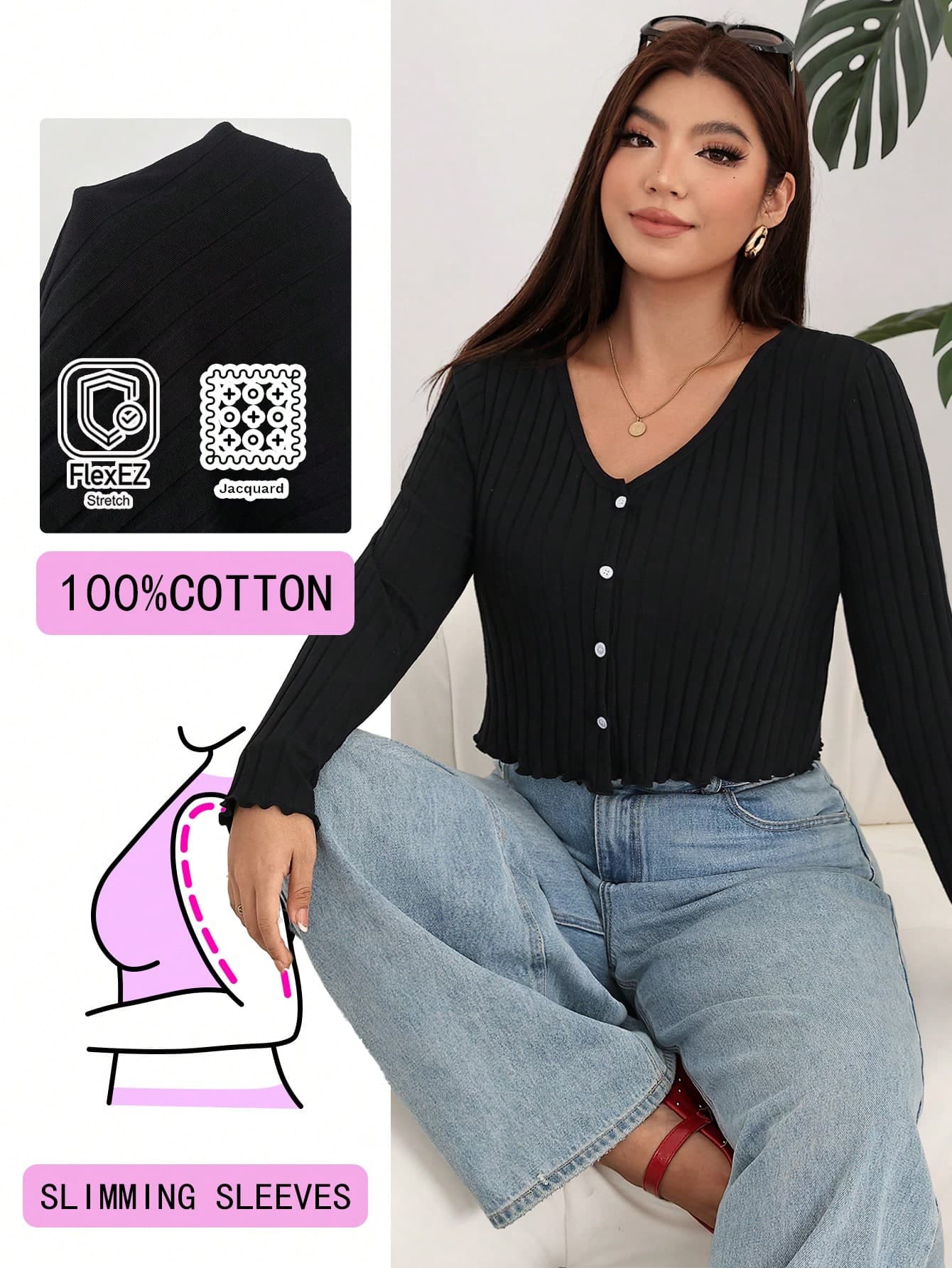 Solflare Plus Size Casual Solid Color Long Sleeve Button Front T-Shirt