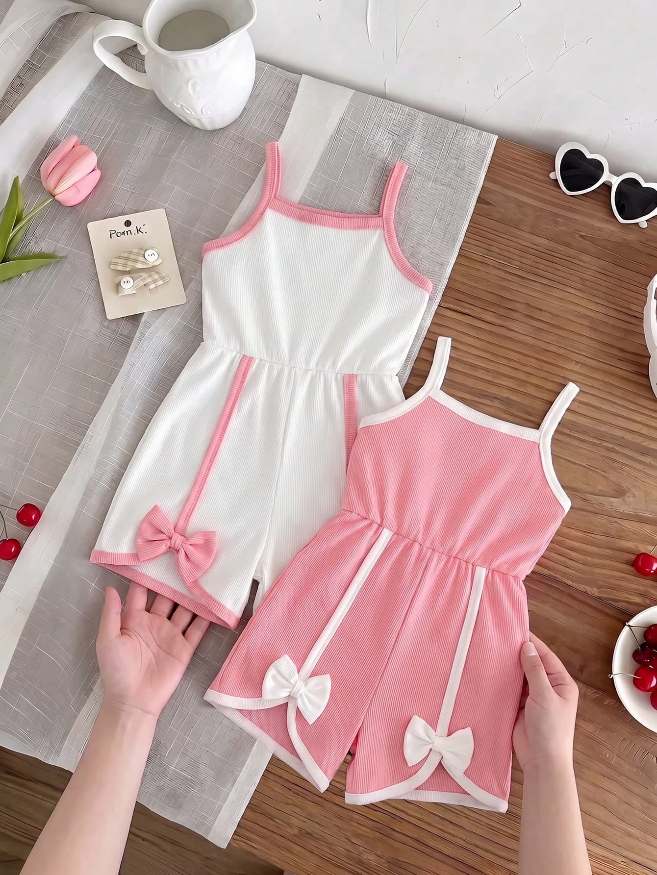 SHEIN Young Girls Fashion Cute Ribbed Soft Fabric Jumpsuit, Elegant And Comfortable Children's Clothing, Suitable For Outdoor, Events, Parties, Daily Wear