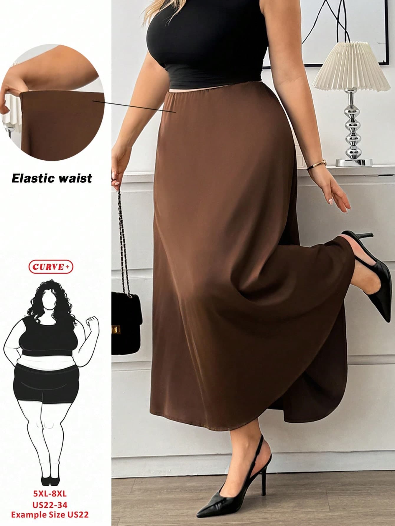 SHEIN CURVE+ Plus Size Women's Solid Color Elegant Skirt, Suitable For Commuting