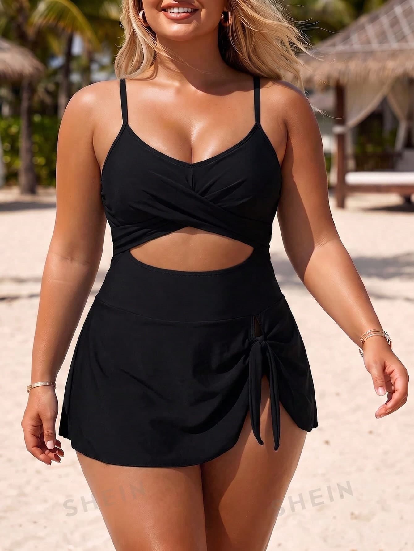 Swim Lushoire 2026 New Spring/Summer Plus Size Women's Vacation Beach Wear Solid Color Cutout Design Spaghetti Strap Swim Dress With Swim Shorts