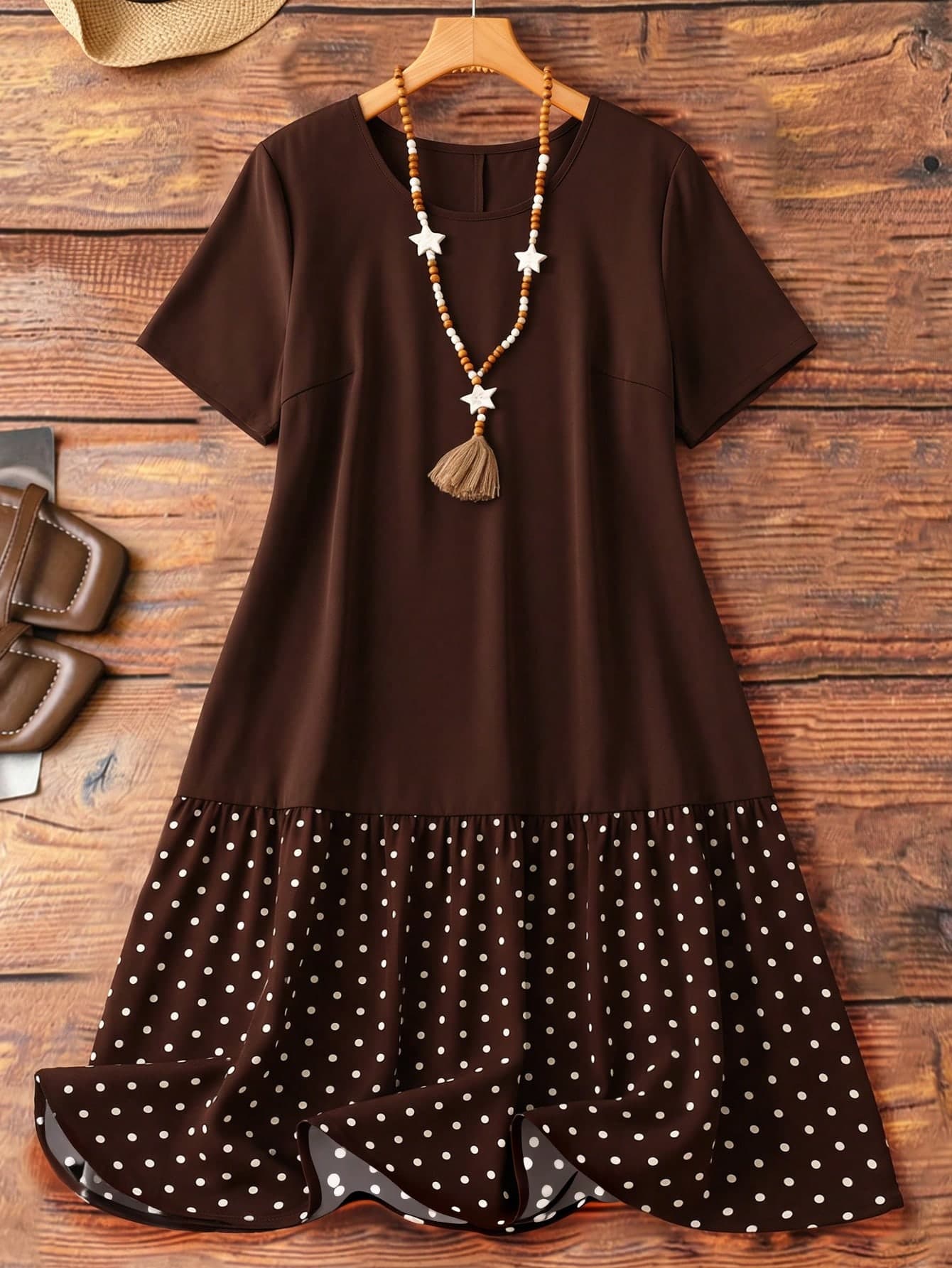 EMERY ROSE Plus Size Women's Patchwork Polka Dot Pattern Ruffle Hem Short Sleeve Dress