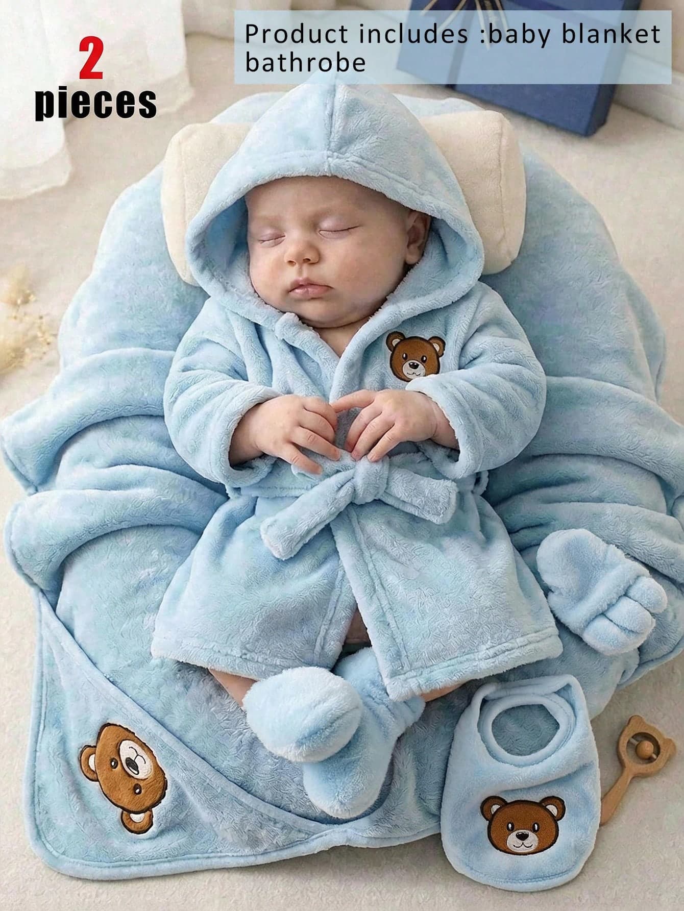 Spring/Autumn Newborn Baby Boy Soft Plush Cute Embroidered Bear Hooded Long Sleeve Belted Robe With Matching Blanket, 2-Piece Set, Blue Fresh Color, Casual Fashion Hot-Selling Fit Pajamas Homewear