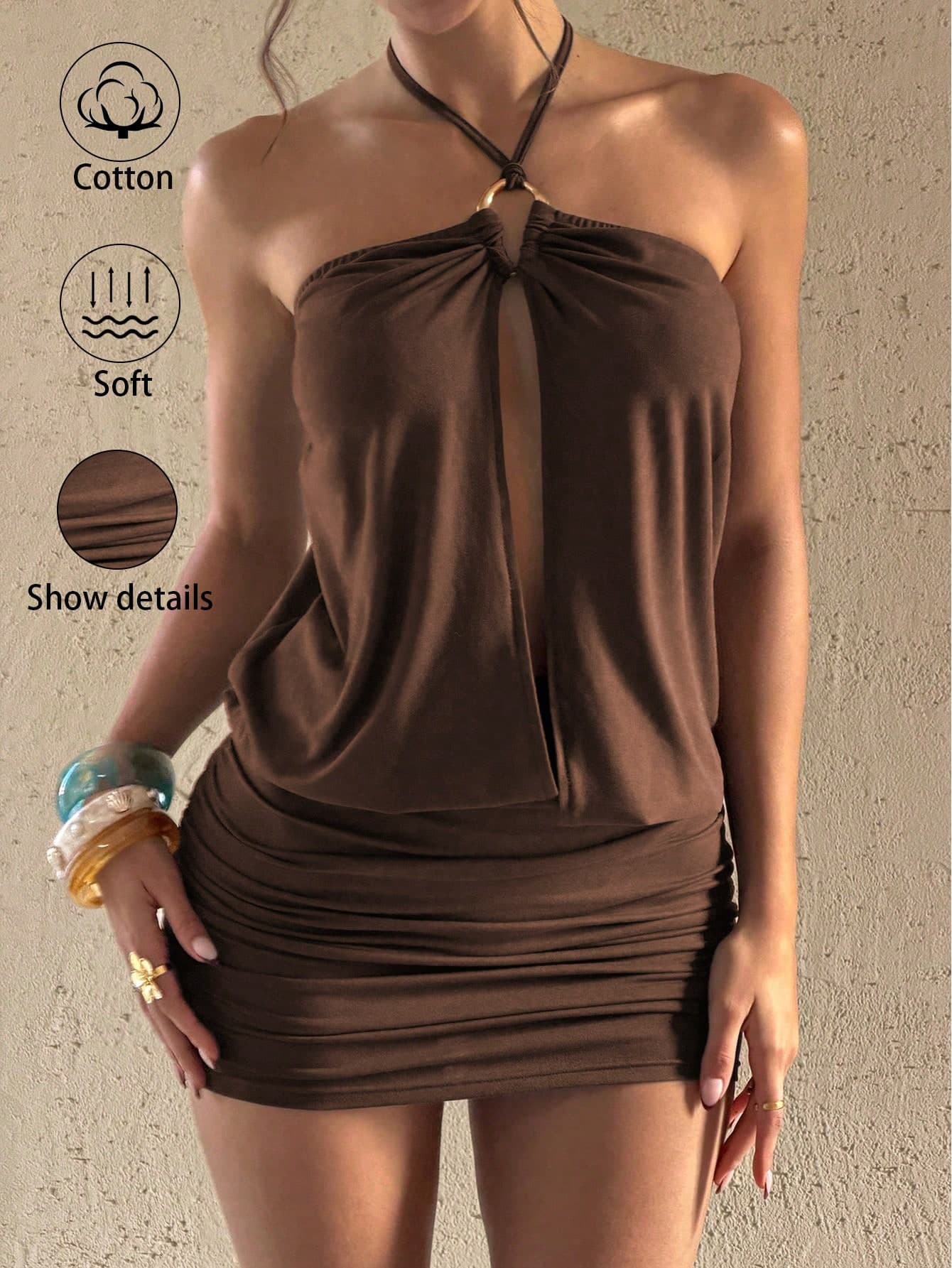 Bluhae Dark Brown Halter Neck Hollow Out Bodycon Mini Dress With Metal Ring Ruched Detail, Sexy Slim Fit Dress For Beach Night Out Vacation, Bar, Summer