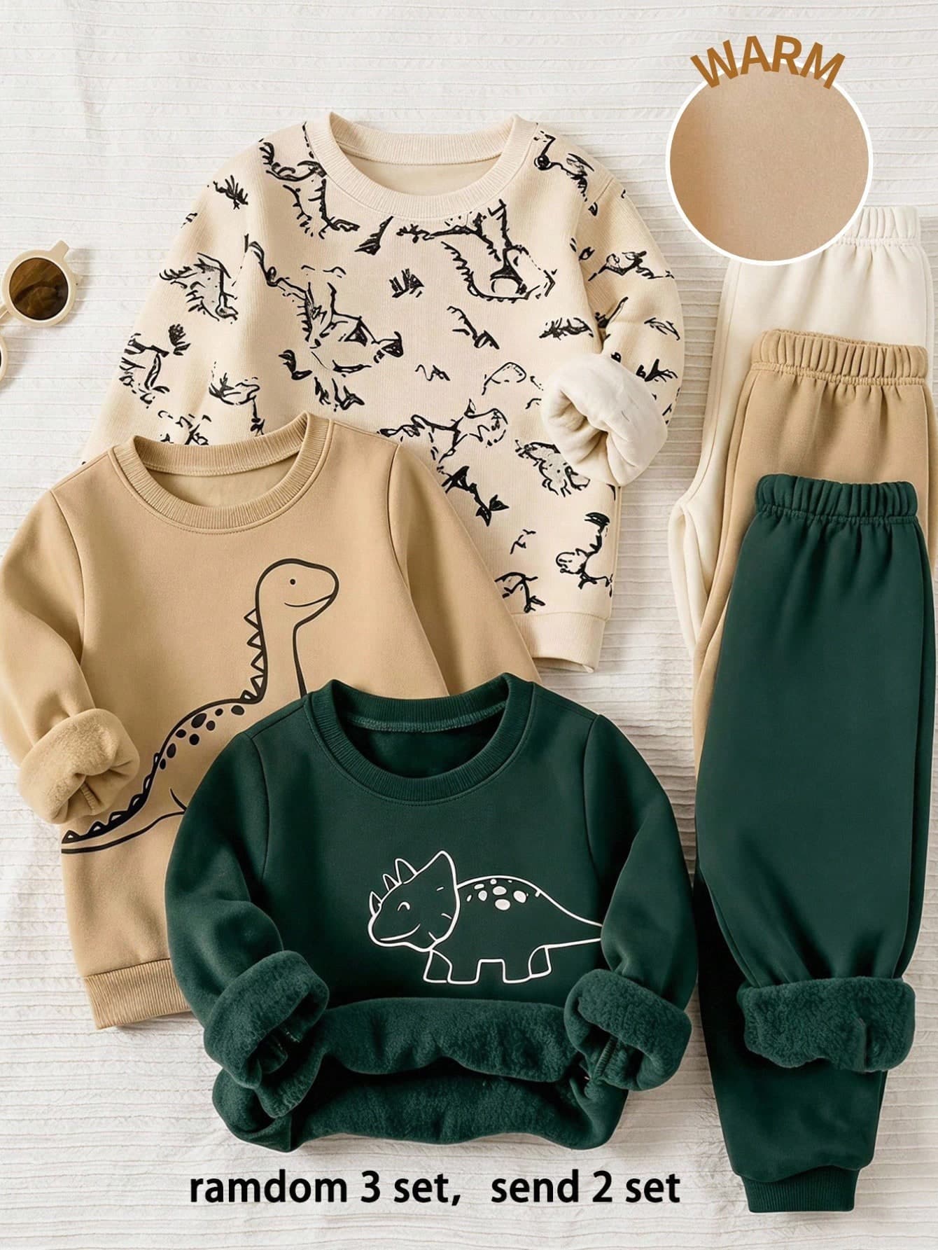 LMoss Kids Baby Boy Cartoon Dinosaur Pattern Knitted Soft Crew Neck Long Sleeve Pullover Sweatshirt Elastic Waist Long Pants 4pcs -Piece Set