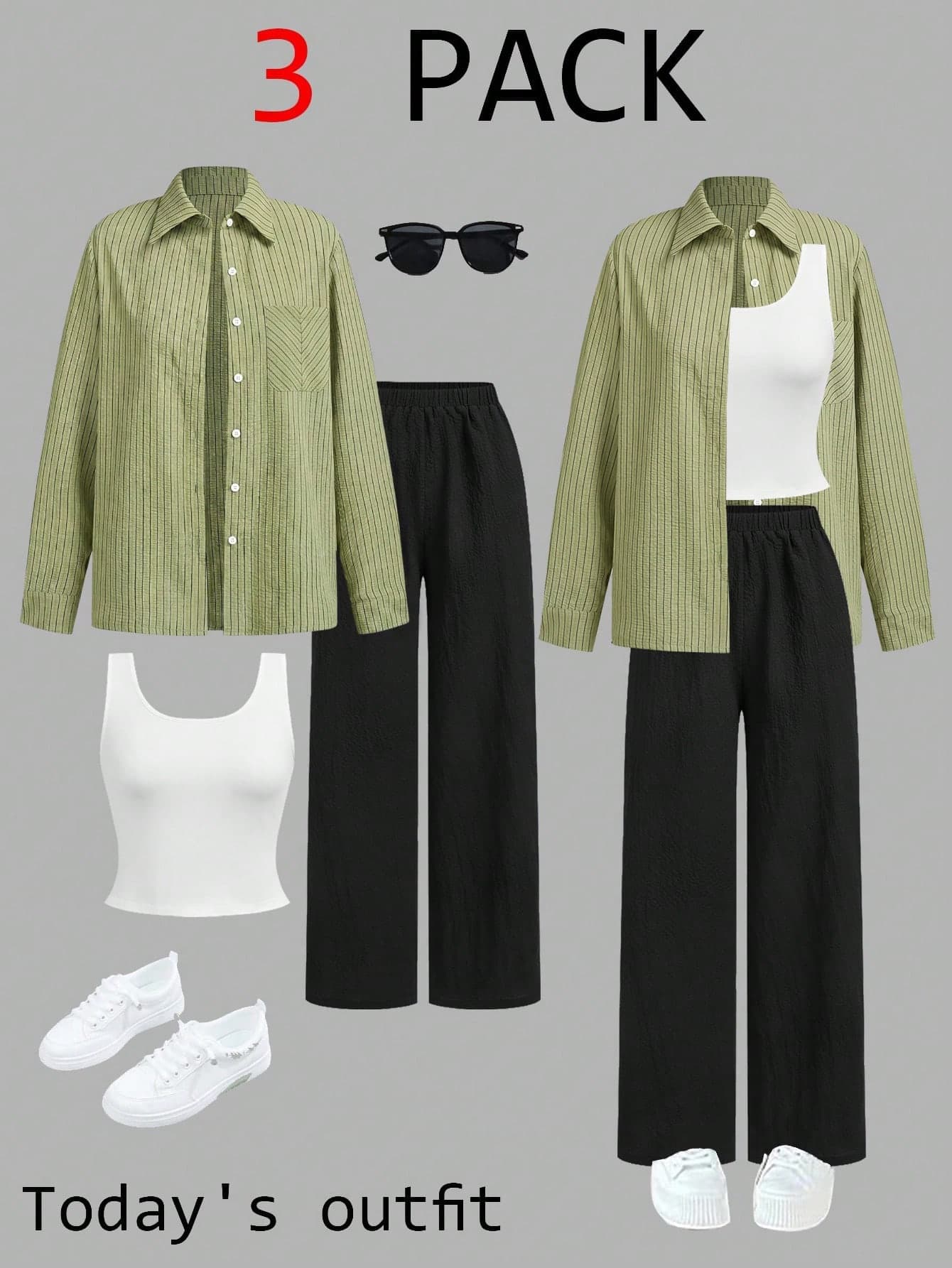 SHEIN LUNE Women's Casual Green Striped White Black Shirt And Pants 3 Pieces Set, Autumn Clothing, Outfit, Workwear Office Travel, Wear City Break