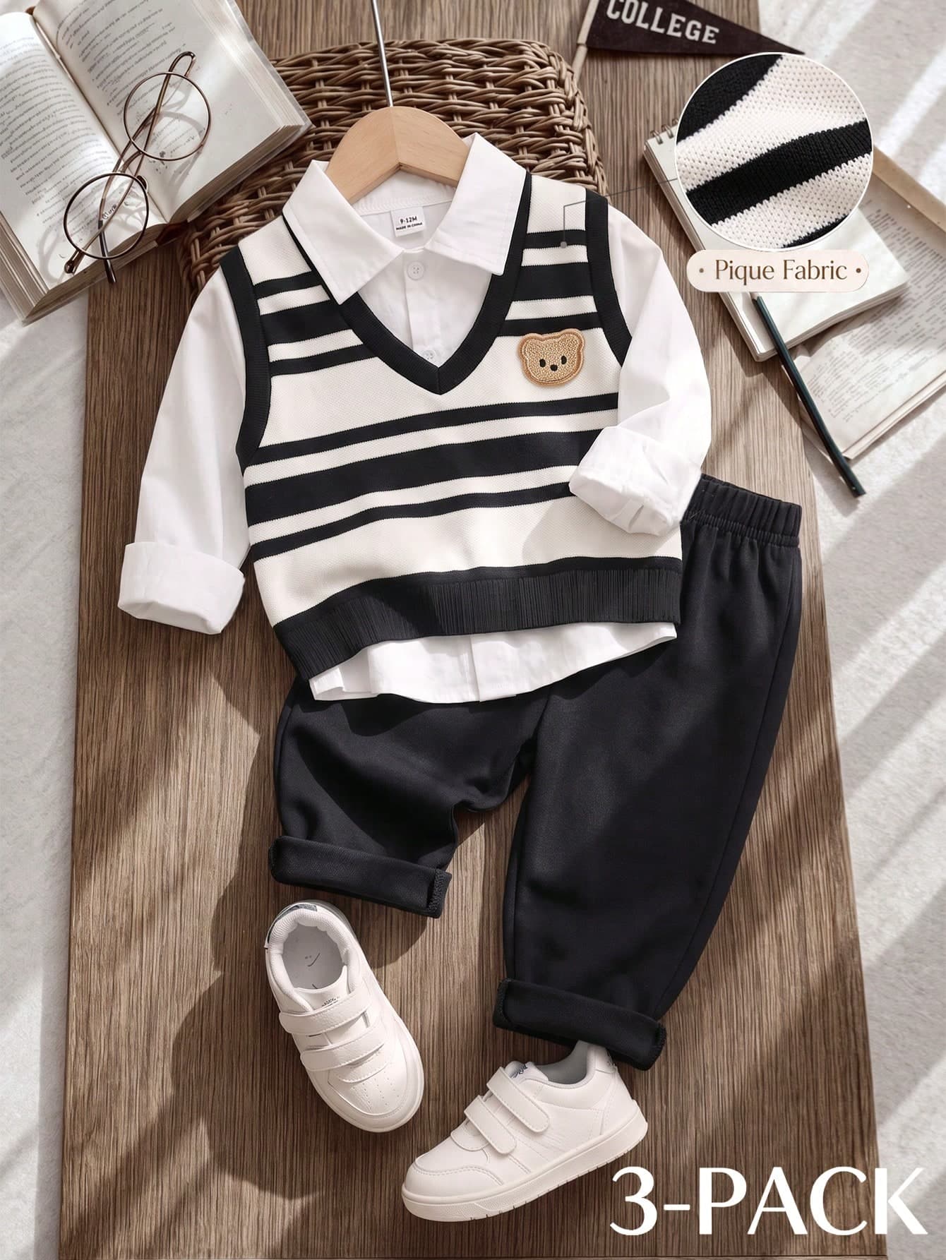 SHEIN Playful Pals 3Pcs Baby Boy Outfit, Collar Long Sleeve Shirt + Striped Bear Embroidery Vest + Elastic Waist Pants, Toddler Casual Daily  Set Spring Fall