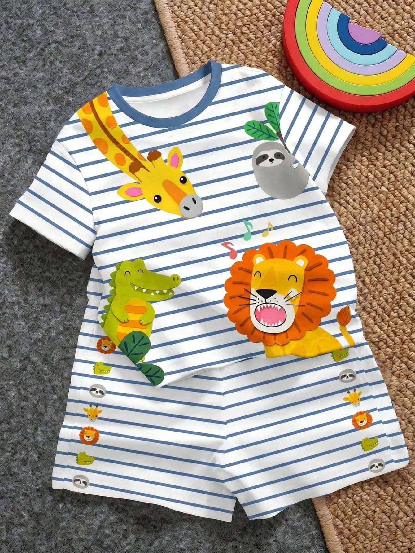 Young Boy Casual Minimalist T-Shirt Set, Classic Cute Cartoon Animal Print, Giraffe, Lion, Crocodile, Sloth Animal Print, Classic Navy Stripe Print, Suitable For Spring And Summer