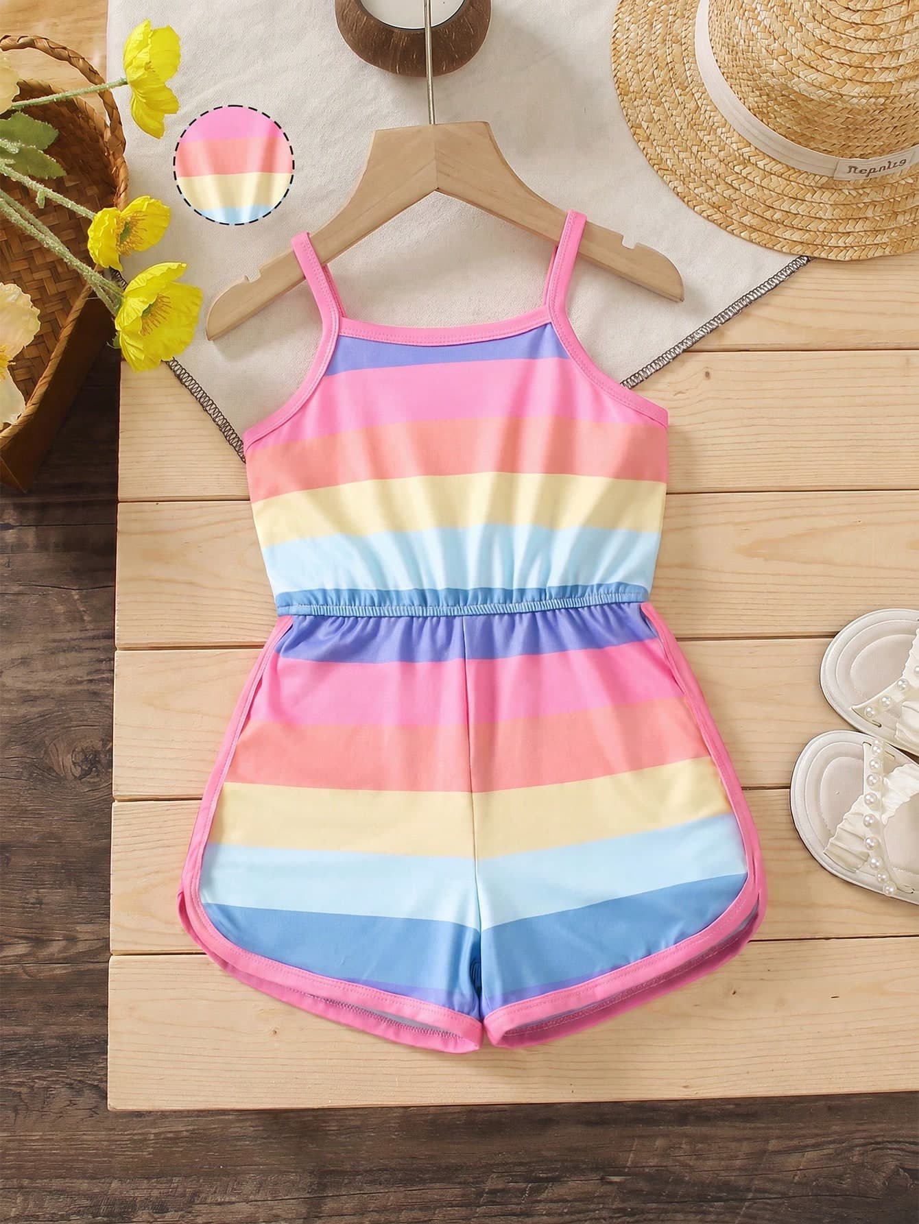 SHEIN Young Girl Rainbow Striped Casual Simple Comfortable Cami Romper With Spaghetti Strap For Summer