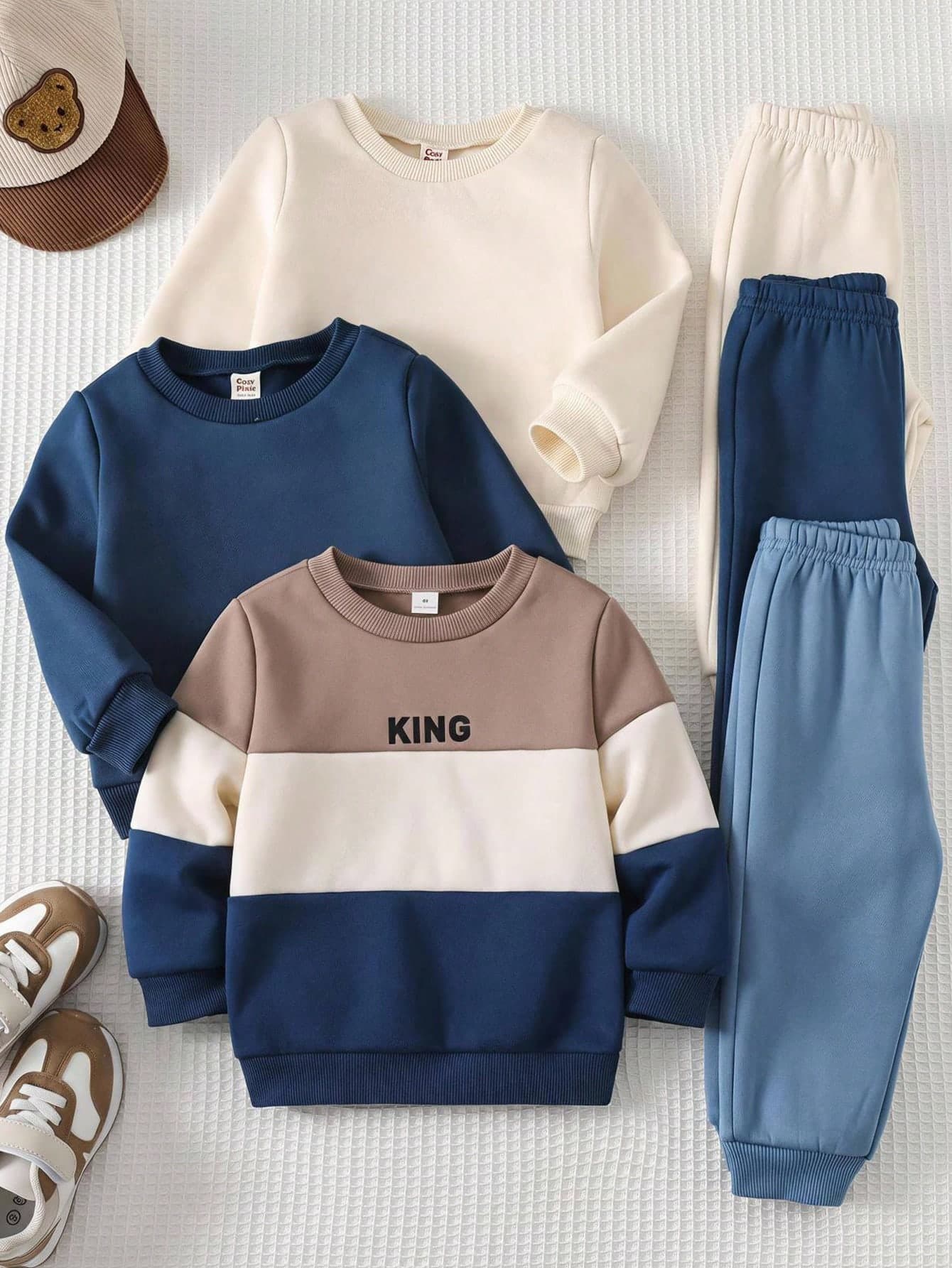 SHEIN Kids Young Boy Letter Print Striped Color Block Crew Neck Long Sleeve Autumn Sweatshirt