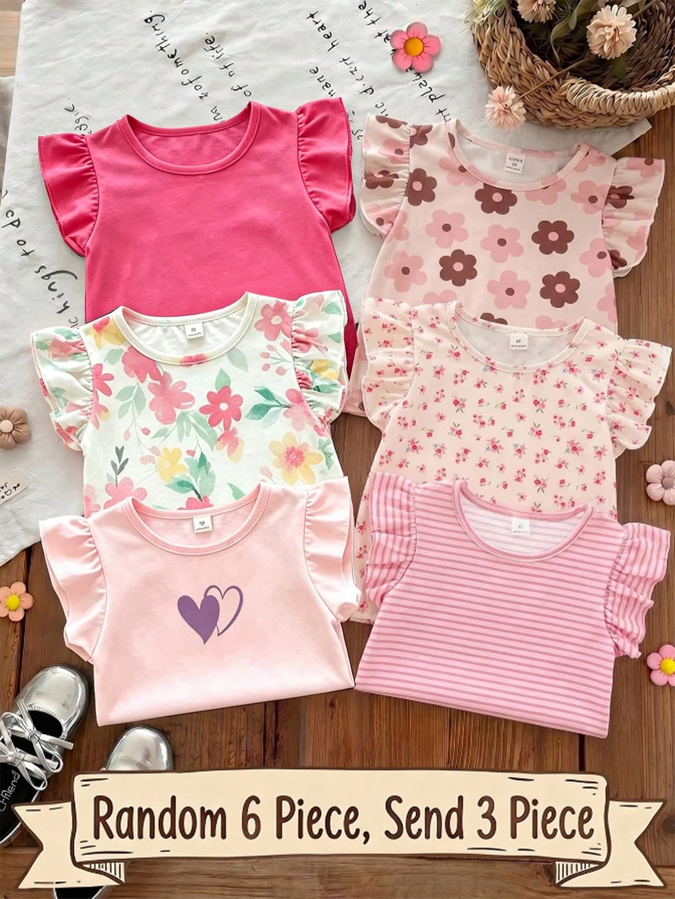 Souflis Souflis 6pcs Random 1pc; Light Color 1pc, Bohemian Floral, Gentle Purple Stripe, 3D Bow Pattern, Baby Girl Casual Minimalist Versatile Round Neck Cap Sleeve T-Shirt 1pc, Suitable For Spring/Summer Daily Wear, Travel, Vacation
