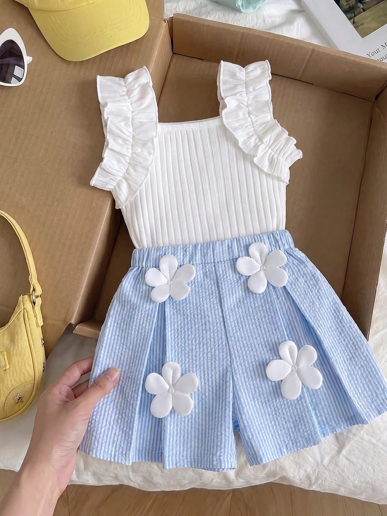 Elladie kids Young Girls' White Ribbed Ruffle Trim Vest Top & Blue Striped Shorts With 3D Floral 2pcs Set,Summer,Family Matching Casual Elegant Cute Holiday Wear