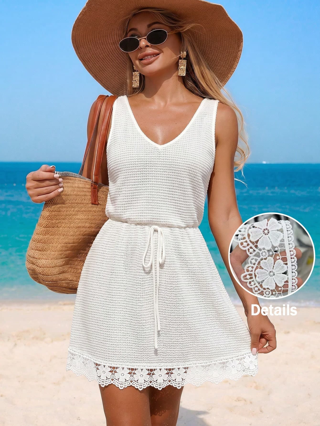 Swim Lushoire Women's New Summer Swimwear Fashion Vacation Elegant Sexy Casual Bohemian White Textured Fabric Contrast Lace Trim V-Neck Tie Sleeveless Dress Cover-Up, Summer Beach Vacation, Casual, Work, Country, Easter, Thanksgiving, Mother's Day, Pool Party, Music Festival, Cruise, Club, Wedding, Weekend Picnic