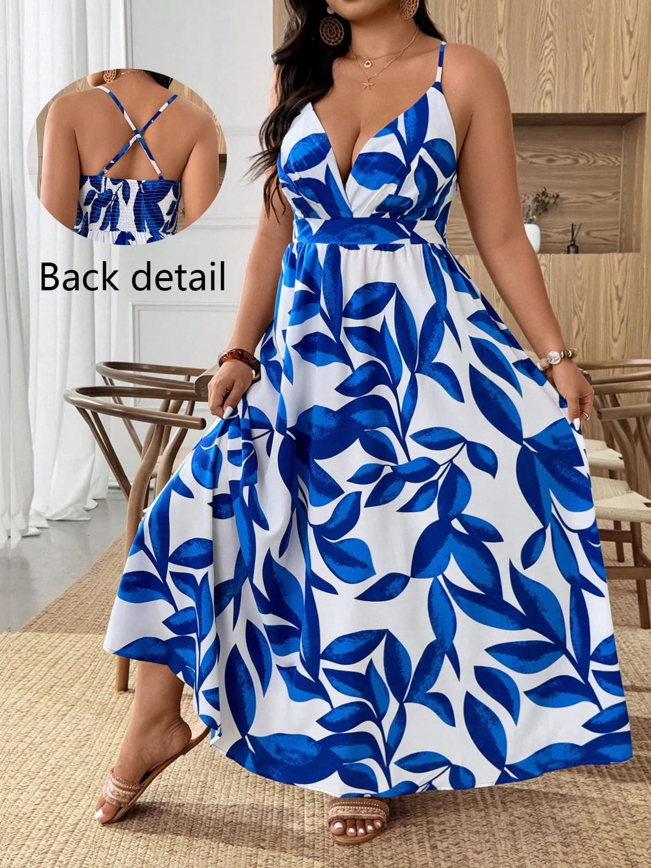 EMERY ROSE Plus Size Women's Blue And White Tropical Floral Print Sleeveless Off Shoulder A-Line Maxi Dress,Boho Summer Beach Holiday Waist Cinched Elegant