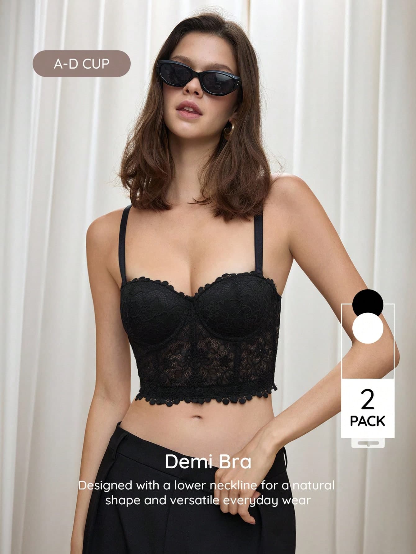 Bralution 2pcs Solid Color Lace Underwire Molded Cup Daily Romantic Elegant Sexy Women's Bra