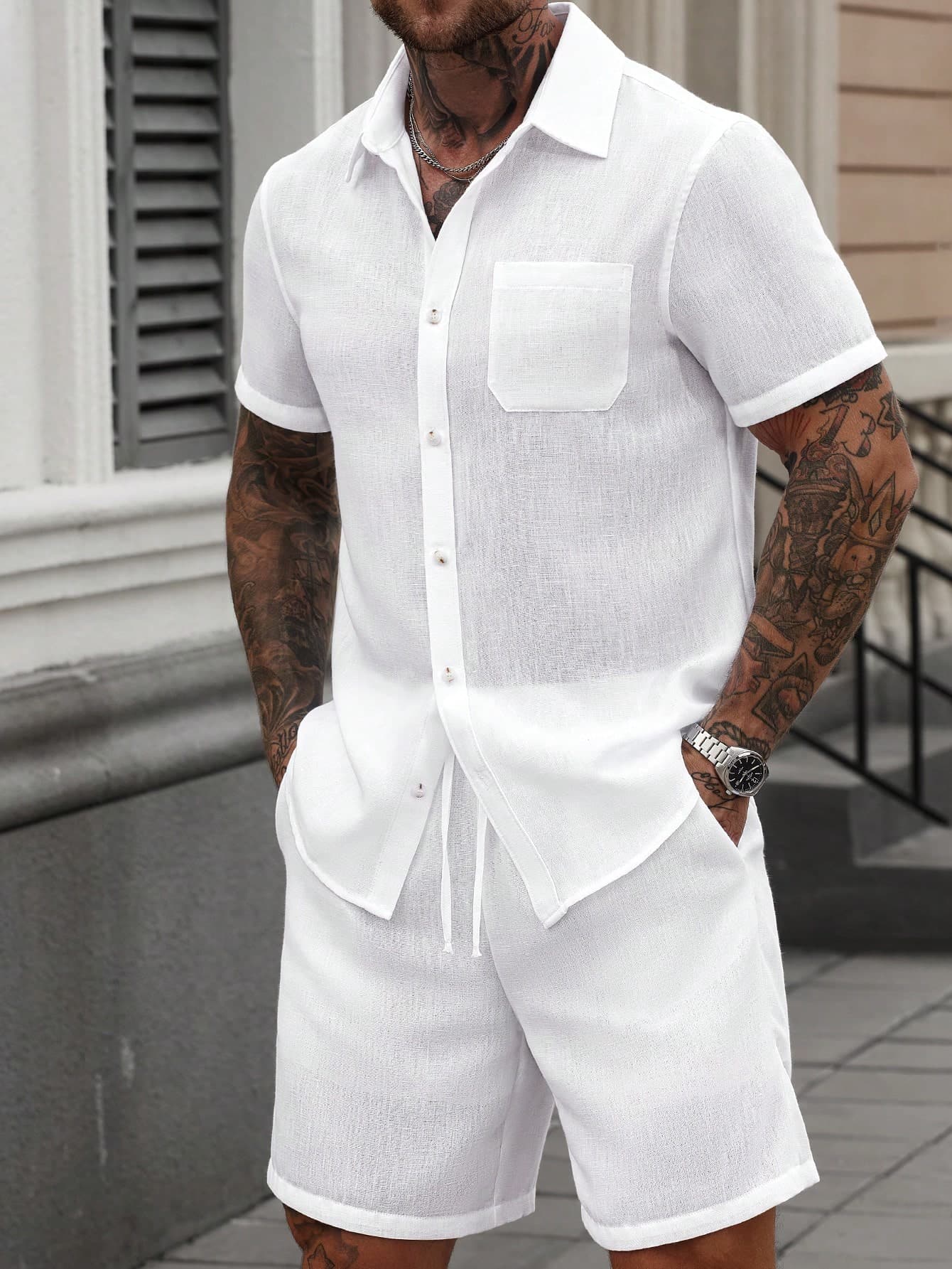 Manfinity Homme Men's Single-Breasted Pocket White Linen Short Sleeve Shirt And Shorts 2 Pieces Set