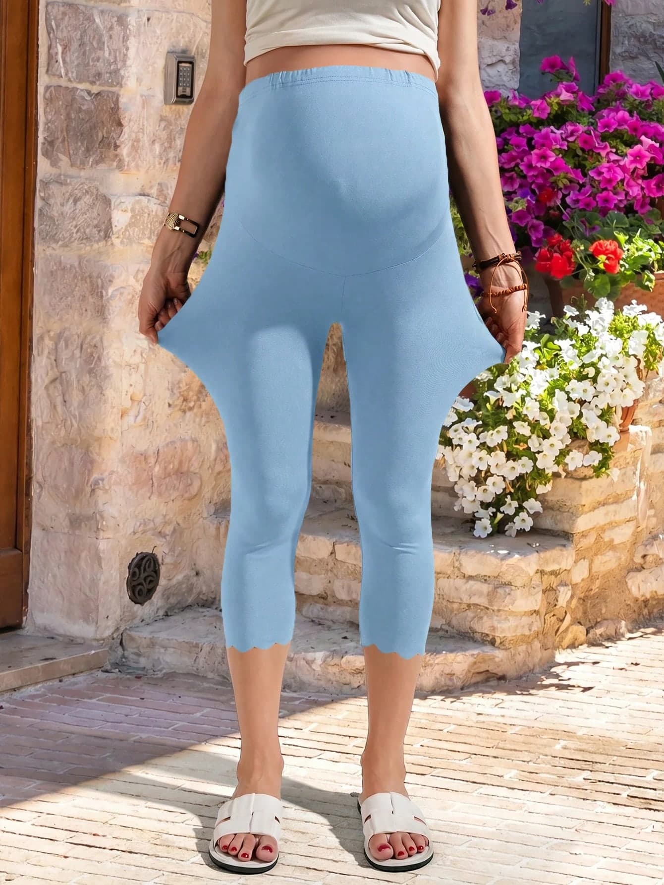 SHEIN Summer Maternity Solid Color Adjustable Waist Casual Capri Length Leggings Comfortable Maternity,Summer Holiday Outfits For Women,Baby Shower Beach