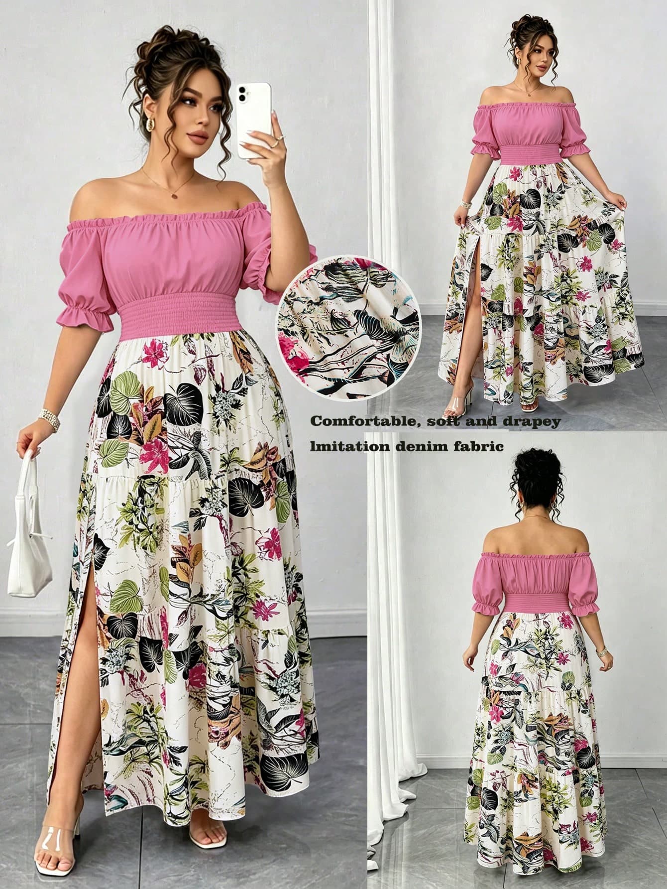 SHEIN Elenzya Plus Size Women's Spring/Summer Green Solid Color Patchwork Floral Print 2 In 1 Dress, Ruched Waist, Puff Sleeves, Off-Shoulder, Elegant Casual Modest Beach Vacation Club Split Hem Maxi Dress