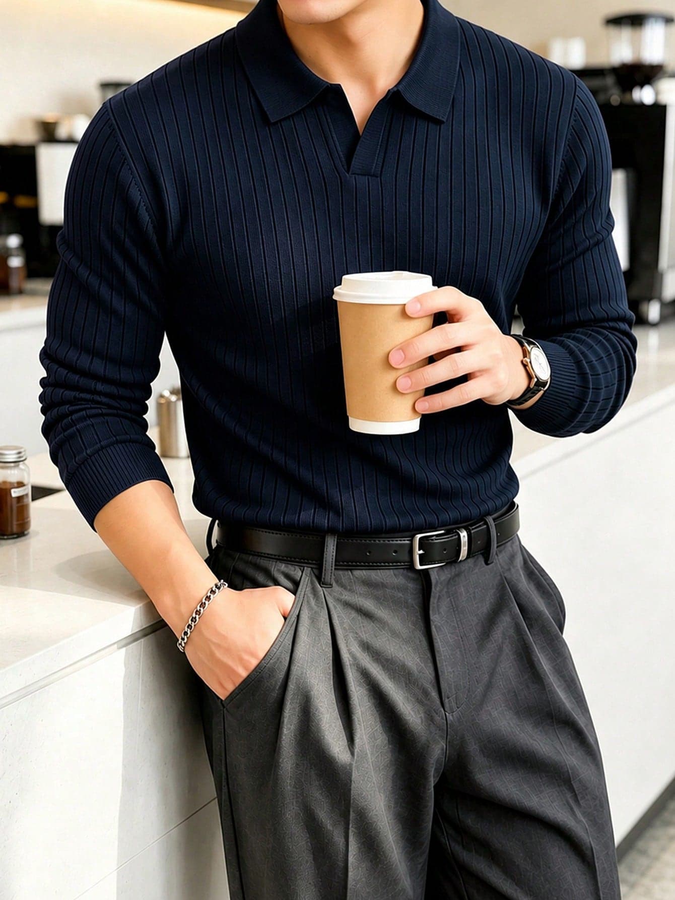 JOLTRO Men's Solid Color Long Sleeve Casual Commute Polo Shirt