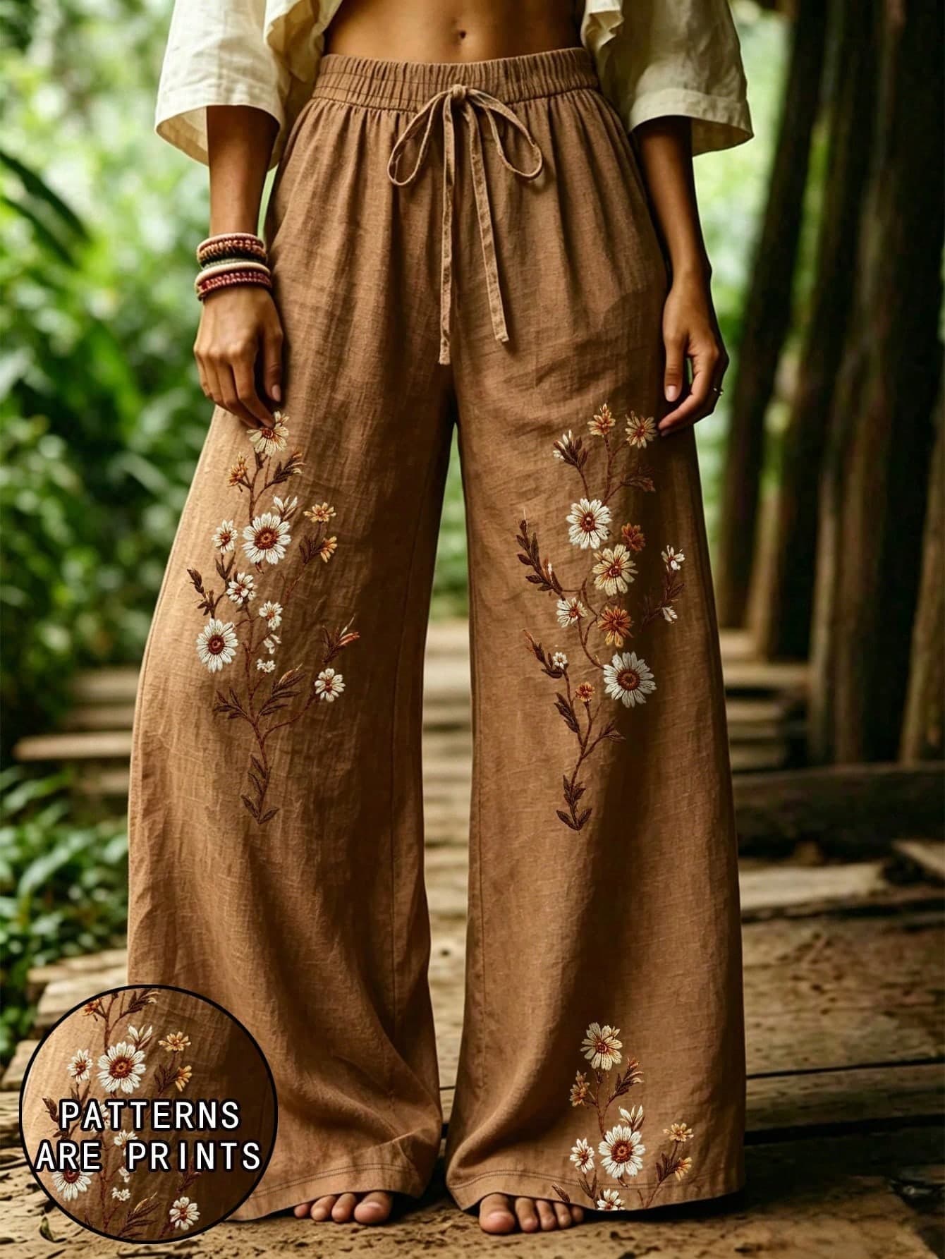 Selamara Plus Size Bohemian Style Coffee Color Daisy Faux Embroidery Long Pants, Summer Vintage Pastoral High Waist Elastic Waist Loose Draped Wide Leg Pants