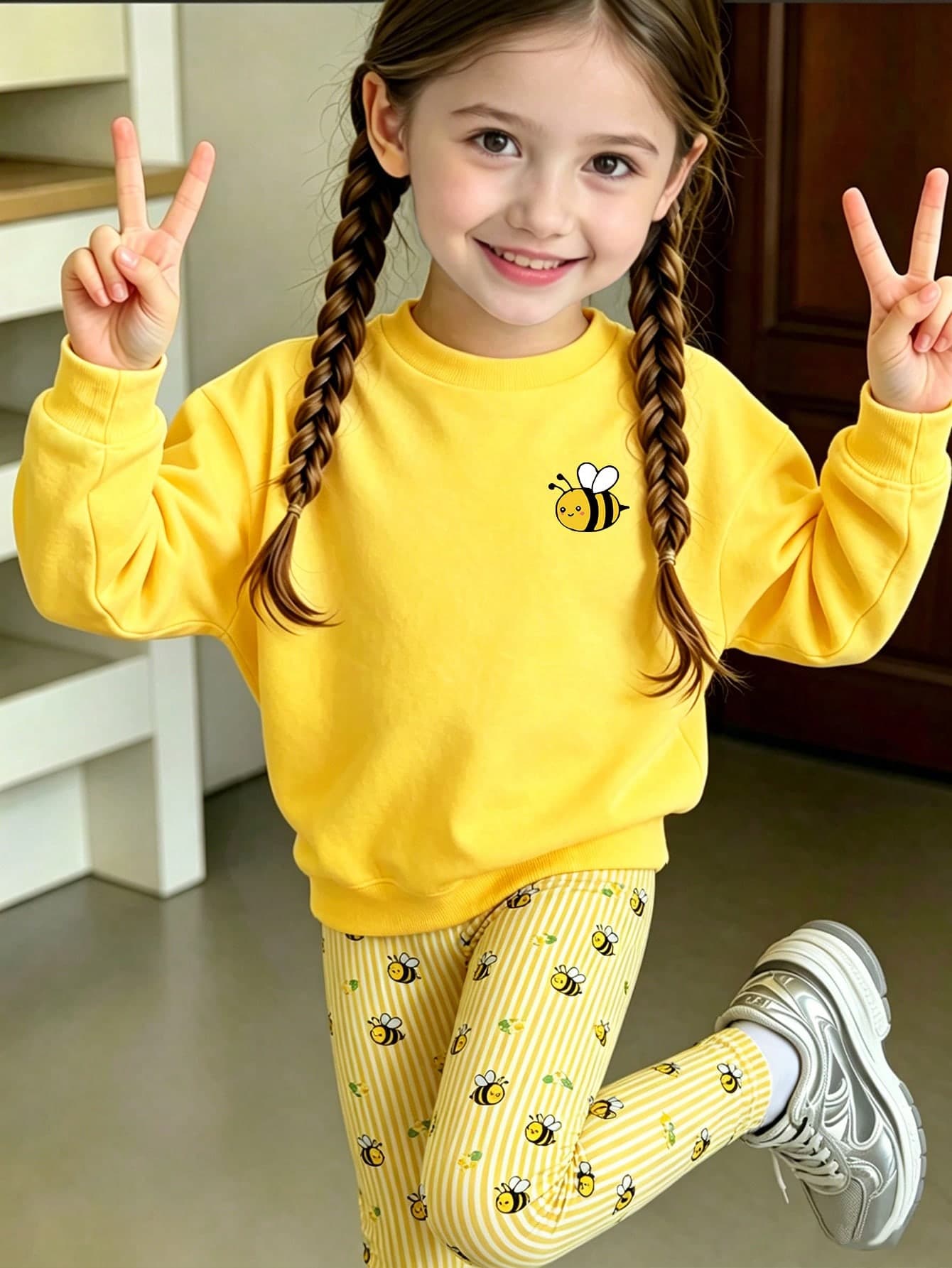 SHEIN 1 Set Girls Little Bee Sweatshirt Outfit, Solid Yellow Single Bee Print Crew Neck Sweatshirt With Yellow & White Vertical Striped All-Over Print Fitted Long Pants, Suitable For Outings, Shopping, Daily Wear, Spring, Autumn, Winter