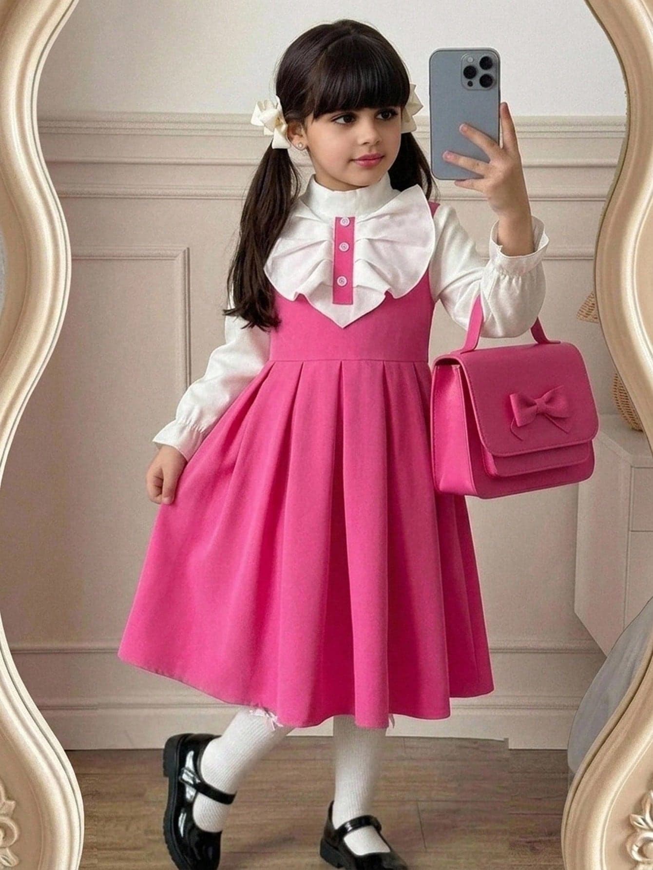 Young Girl Exaggerated Ruffle Collar Casual Cute Preppy Style Pink Long Dress, School, Back To School, Party, Performance Costume KIDS Fall/Winter Outfits