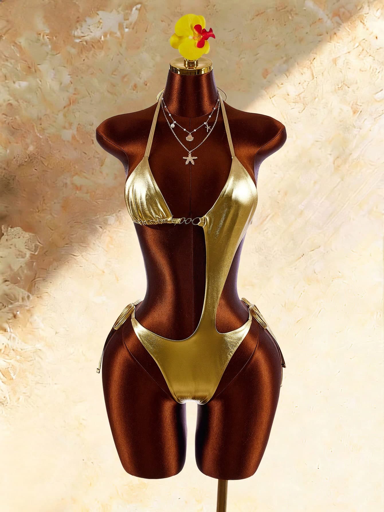 Amplova Women's One-Piece Swimsuit With Cup Detail, Sexy And Avant-Garde, Suitable For Vacation Outfit, Cute Mini Jumpsuit, Solid Color, Sexy Tie Waist With Side Cutouts
