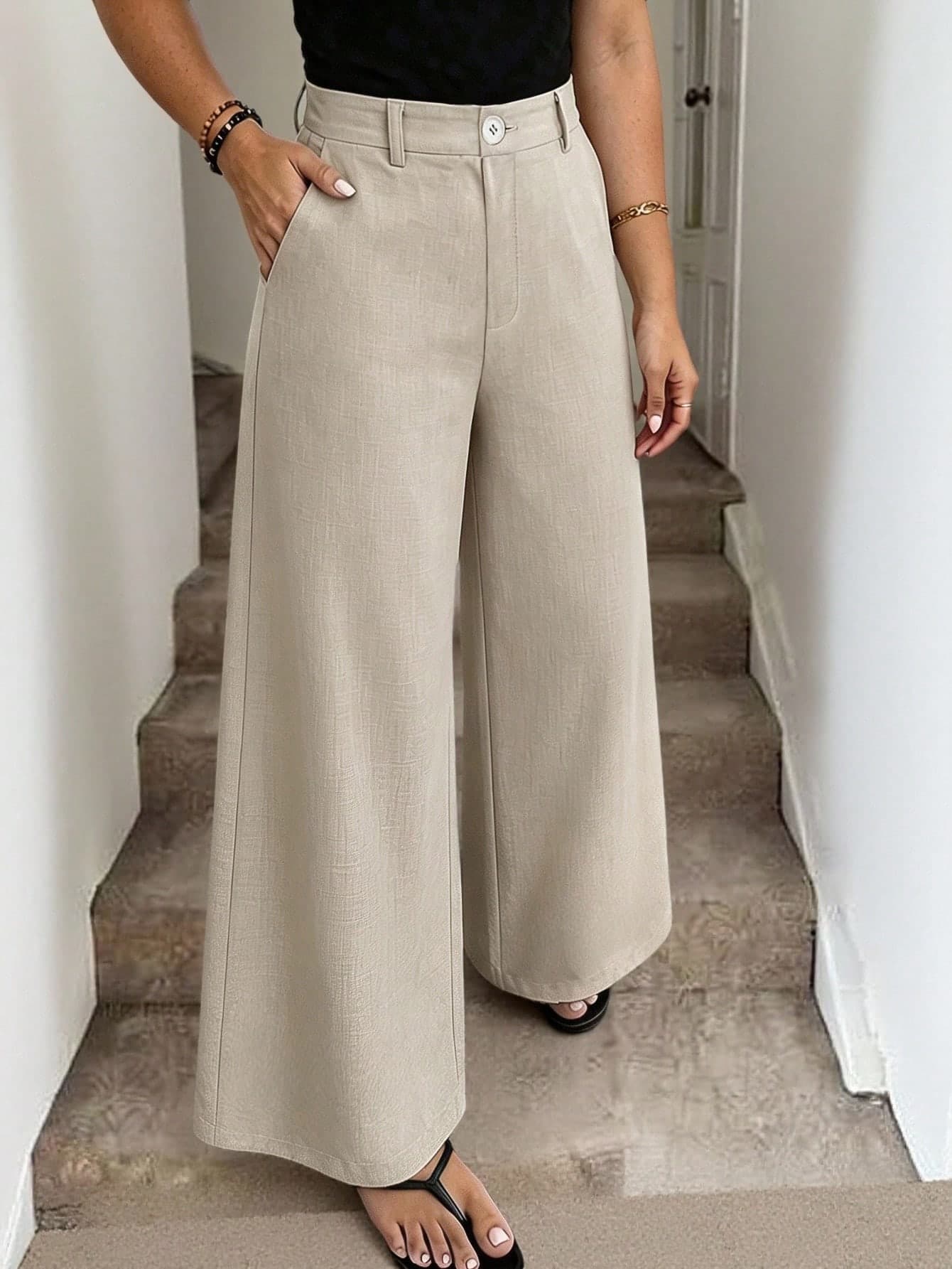 Vionelle Plus Size Women's Solid Textured Fabric Loose Pants, Vacation Casual Long Pants, Business Casual Commute, With Pockets Office Date Night Khaki Autumn
